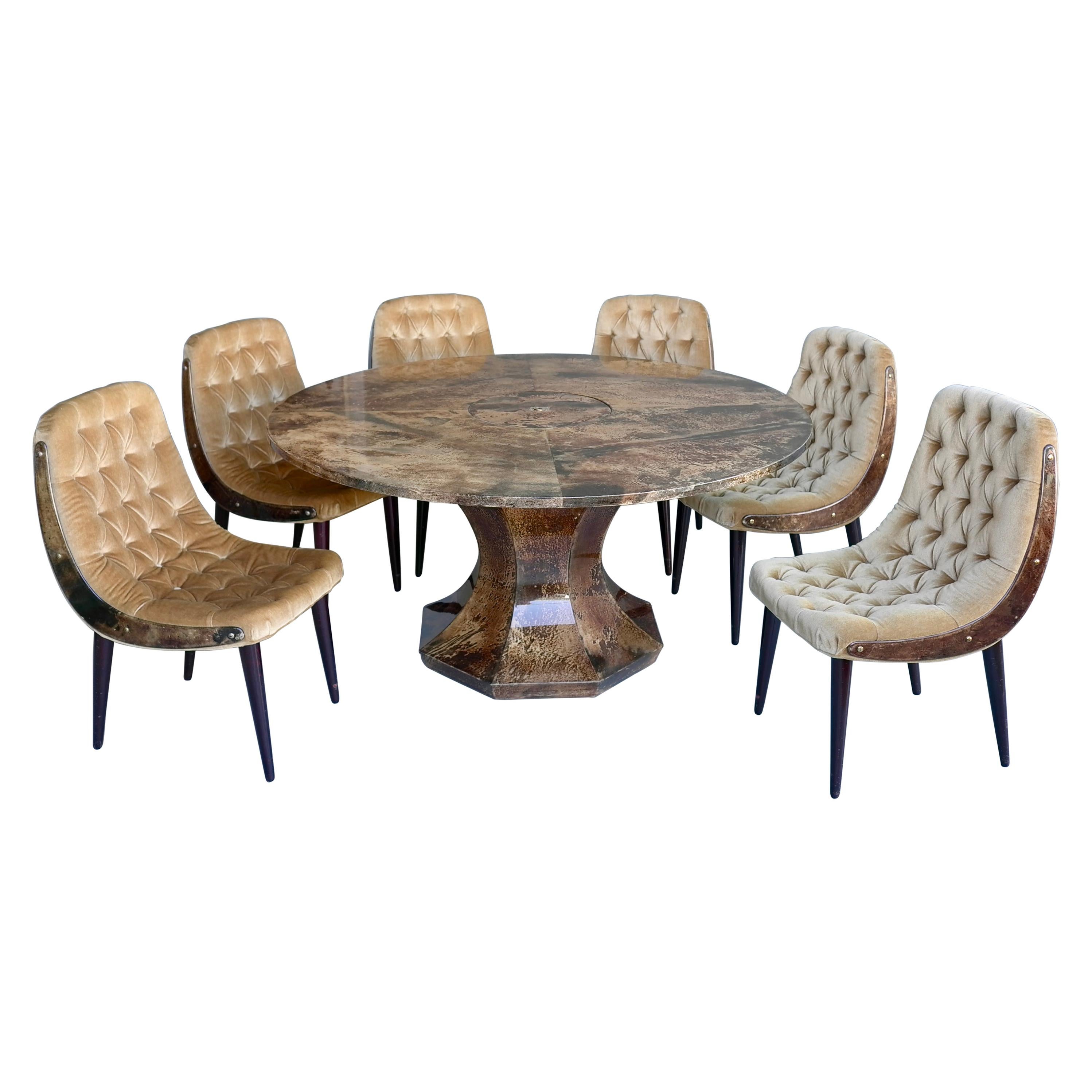 Aldo Tura Dining Set, Goatskin Parchment Table with 6 Velvet Chairs, Italy 1950s For Sale