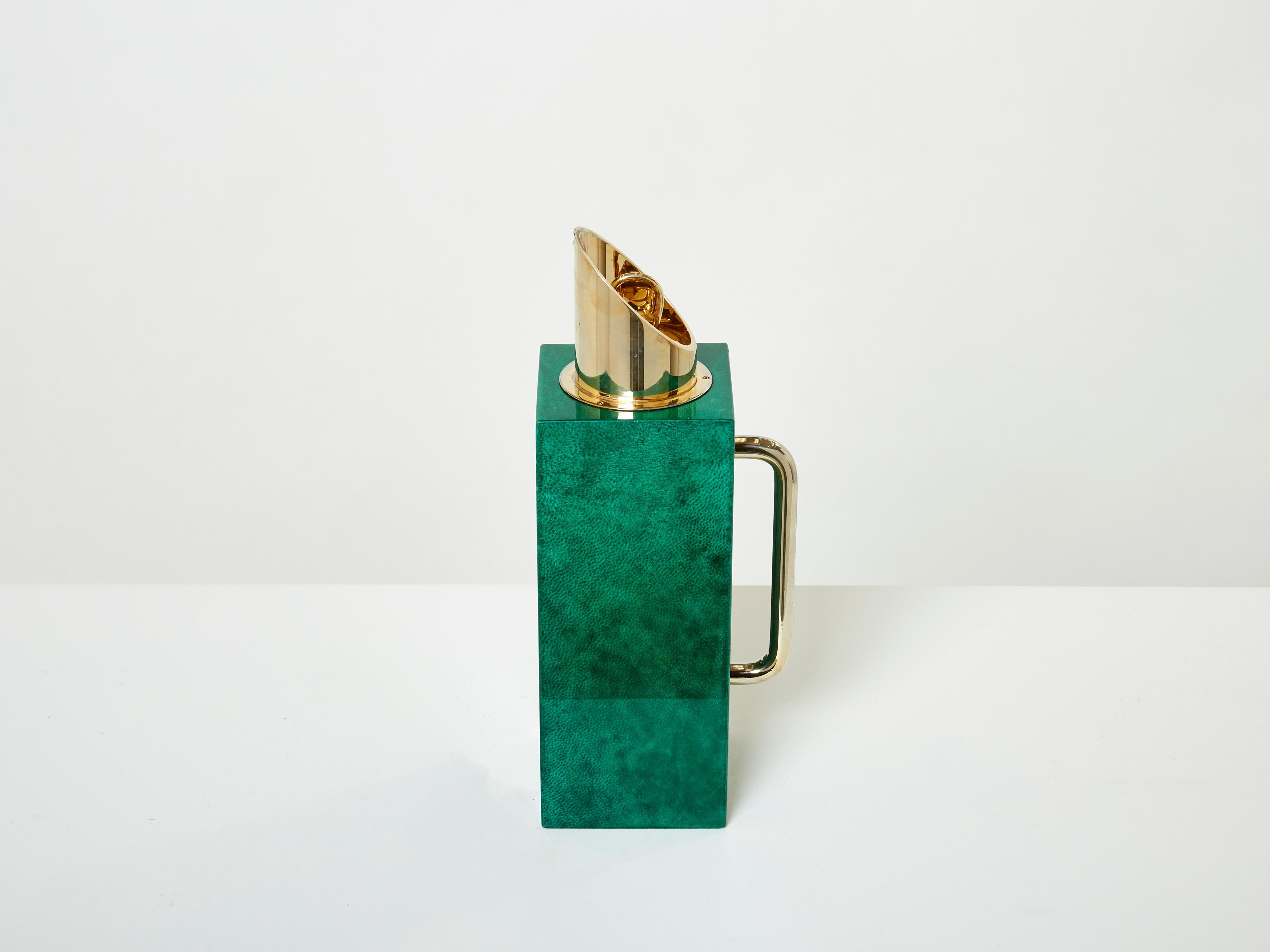 Mid-Century Modern Aldo Tura Emerald Green Goatskin Brass Thermos Carafe 1960 For Sale
