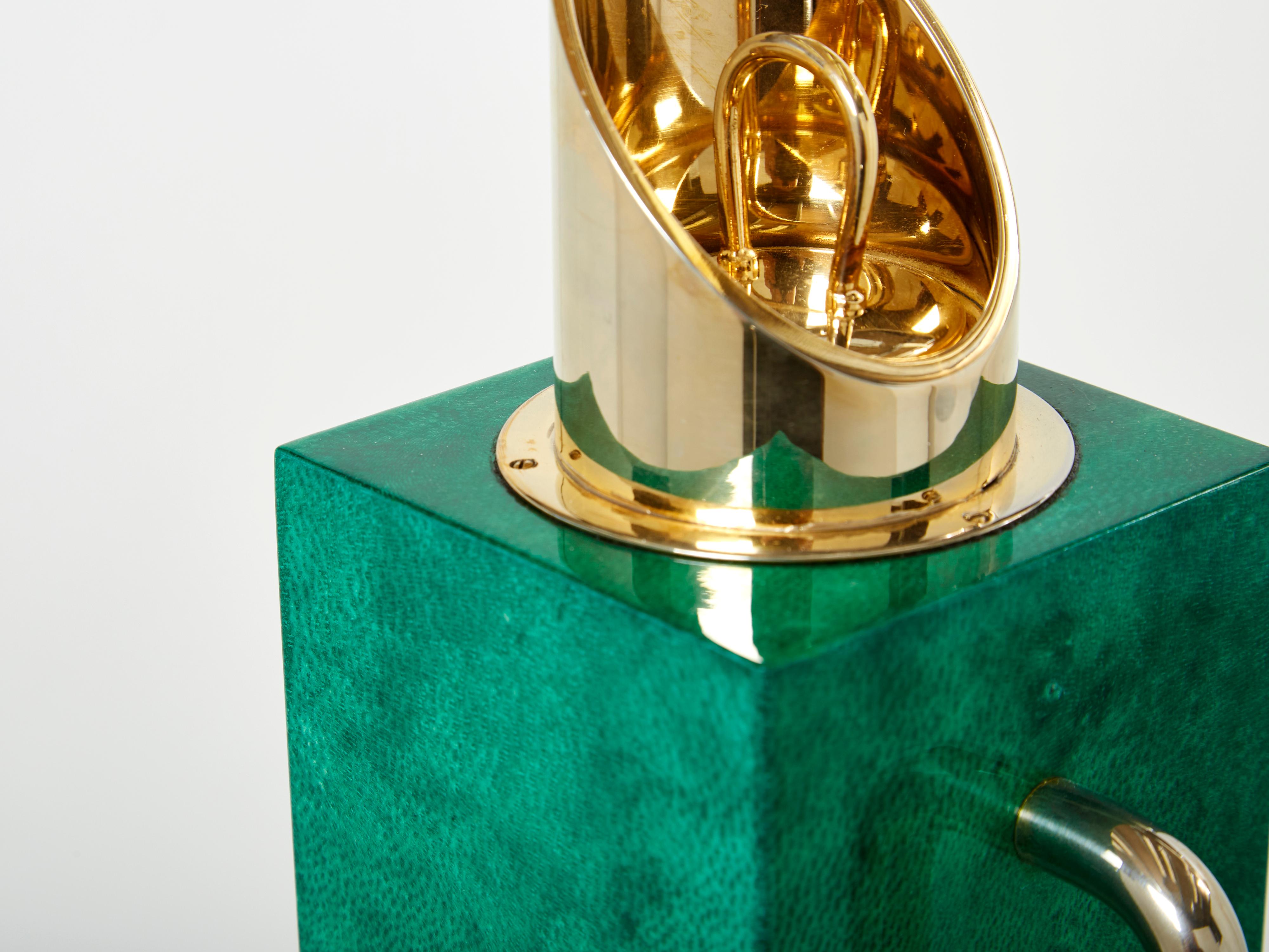 Italian Aldo Tura Emerald Green Goatskin Brass Thermos Carafe 1960 For Sale