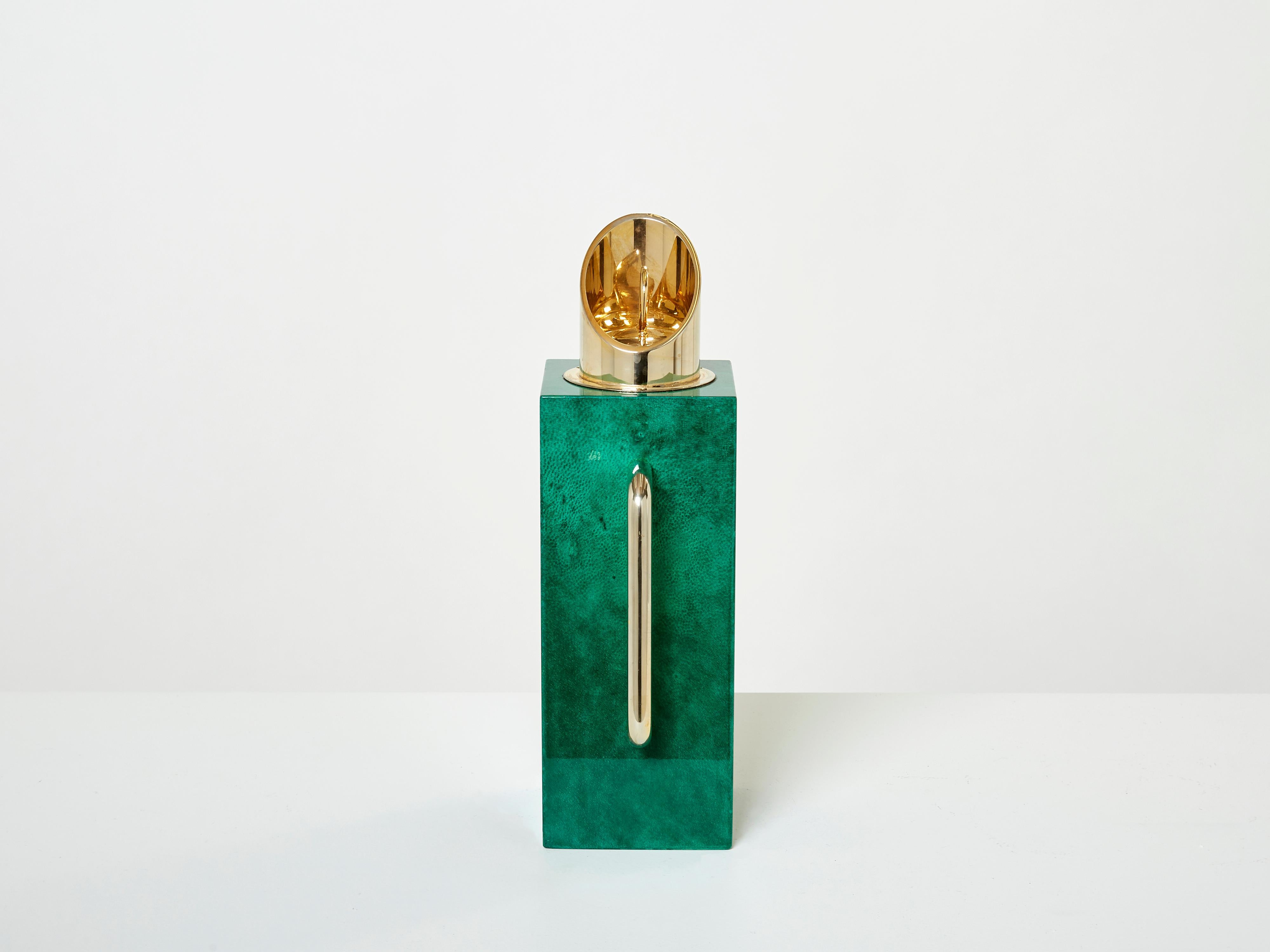 Mid-20th Century Aldo Tura Emerald Green Goatskin Brass Thermos Carafe 1960 For Sale