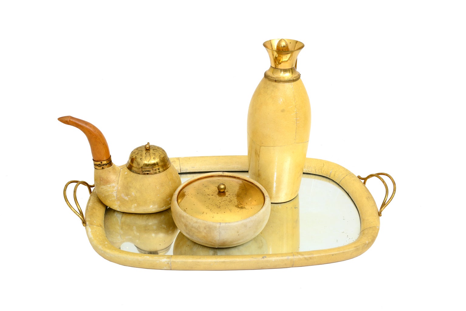 Italian 1940s Brass Covered Dish Lacquered Goatskin Aldo Tura for Macabo ITALY  For Sale