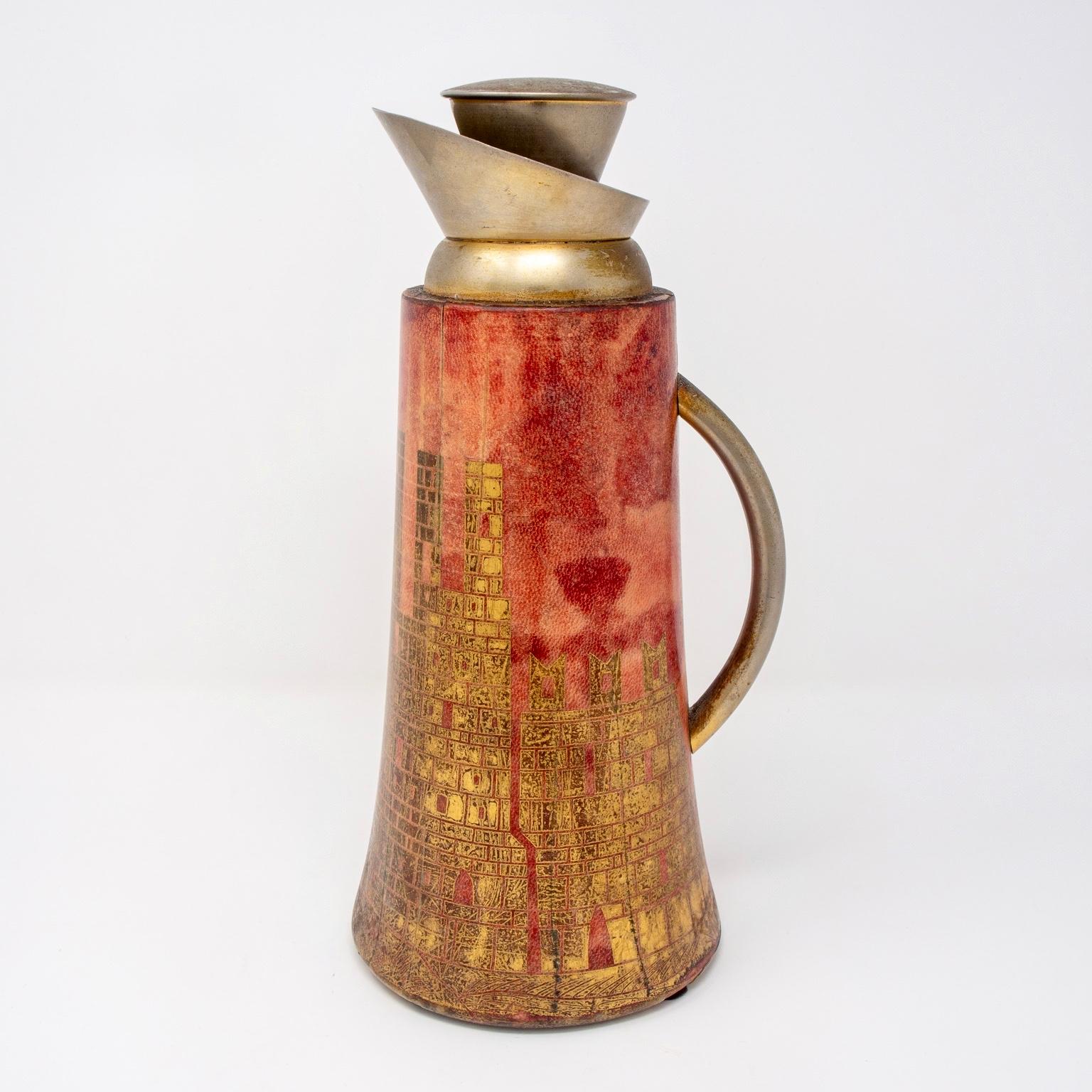 Painted Aldo Tura for Macabo of Italy Leather and Brass Decanter