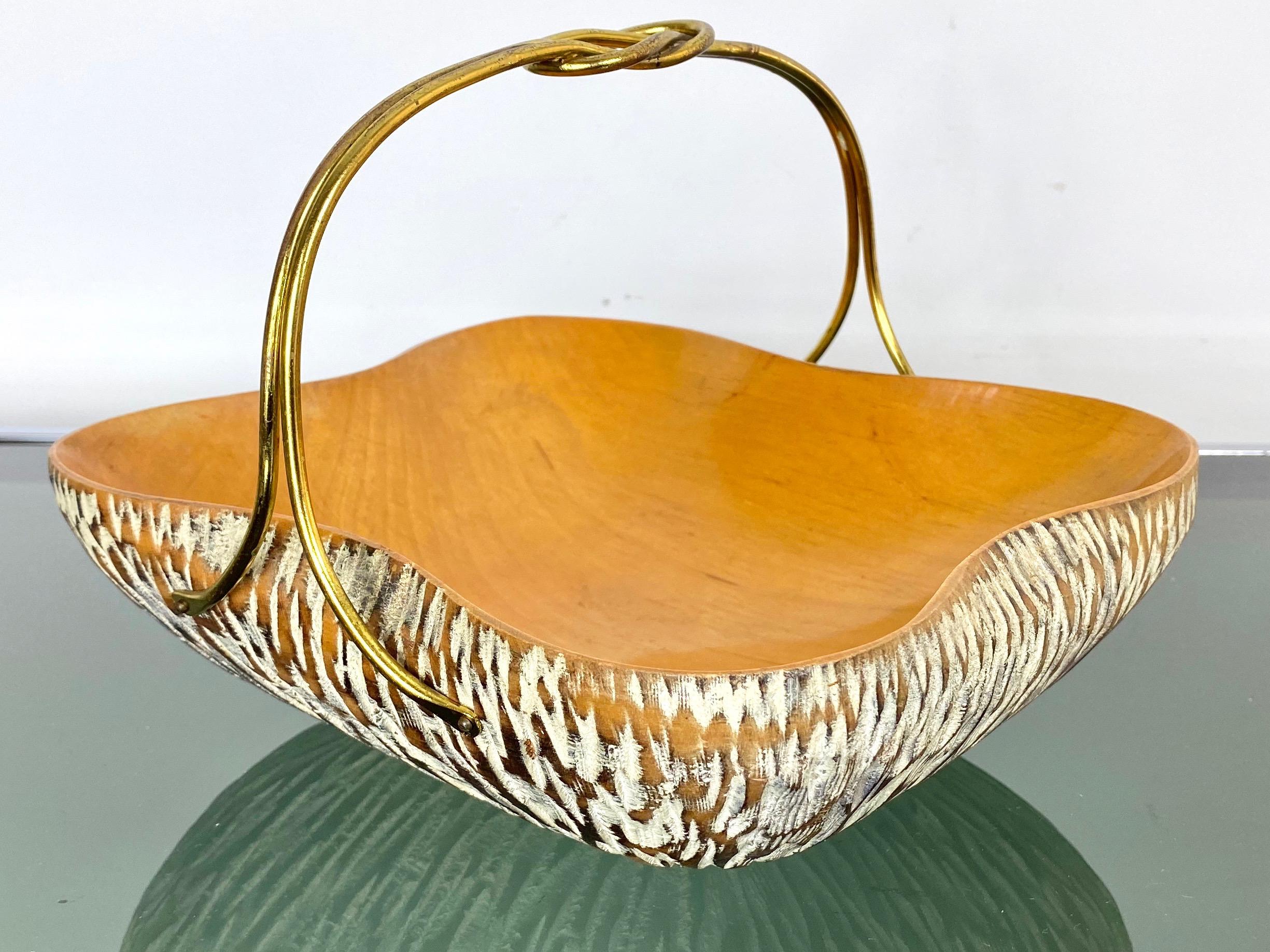 Aldo Tura for Macabo walnut basket centrepiece hand carved wood and brass, Italy, 1950s.