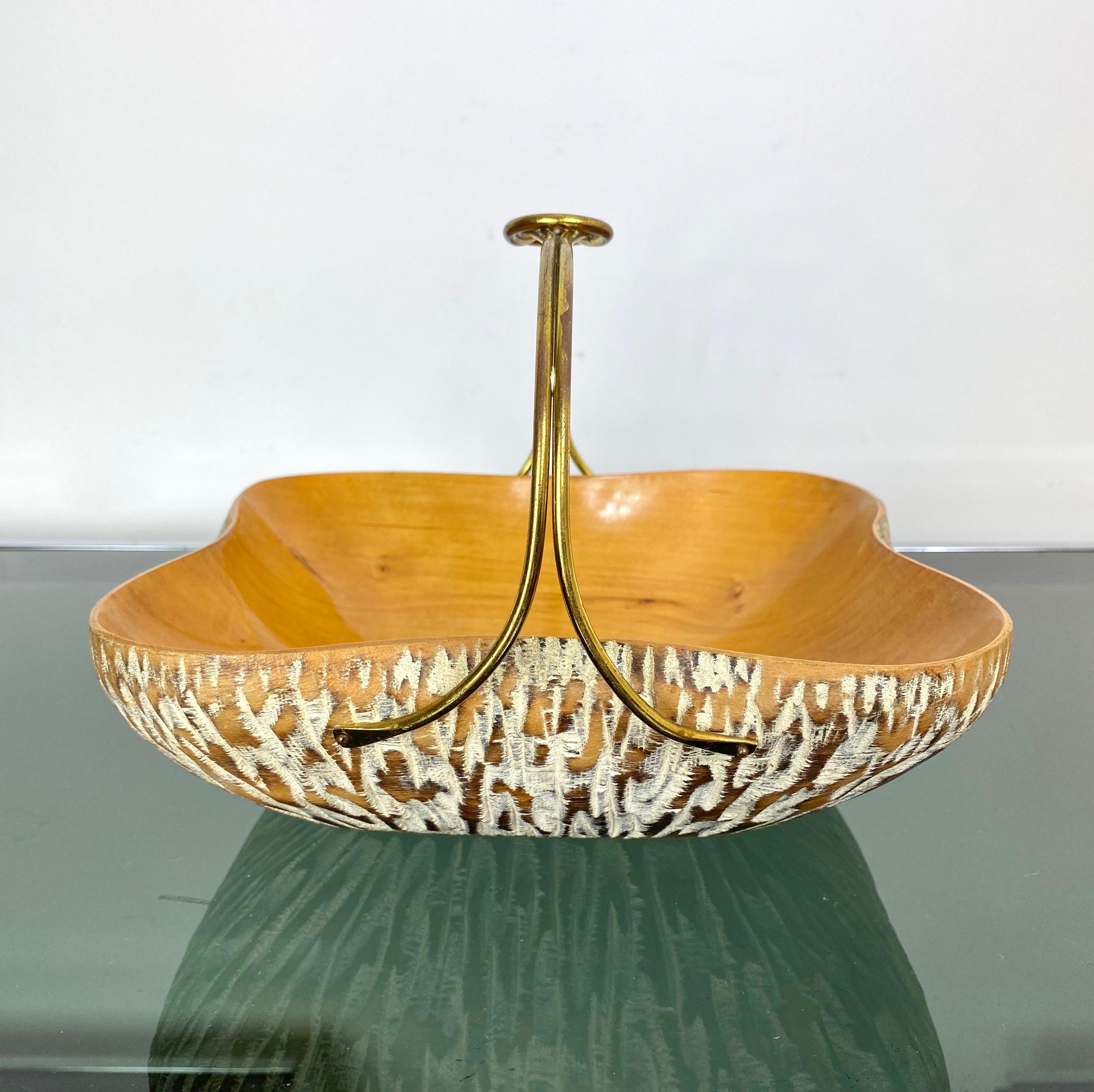 Aldo Tura for Macabo Walnut Bowl Basket Centrepiece Wood and Brass, Italy, 1950s In Good Condition For Sale In Rome, IT