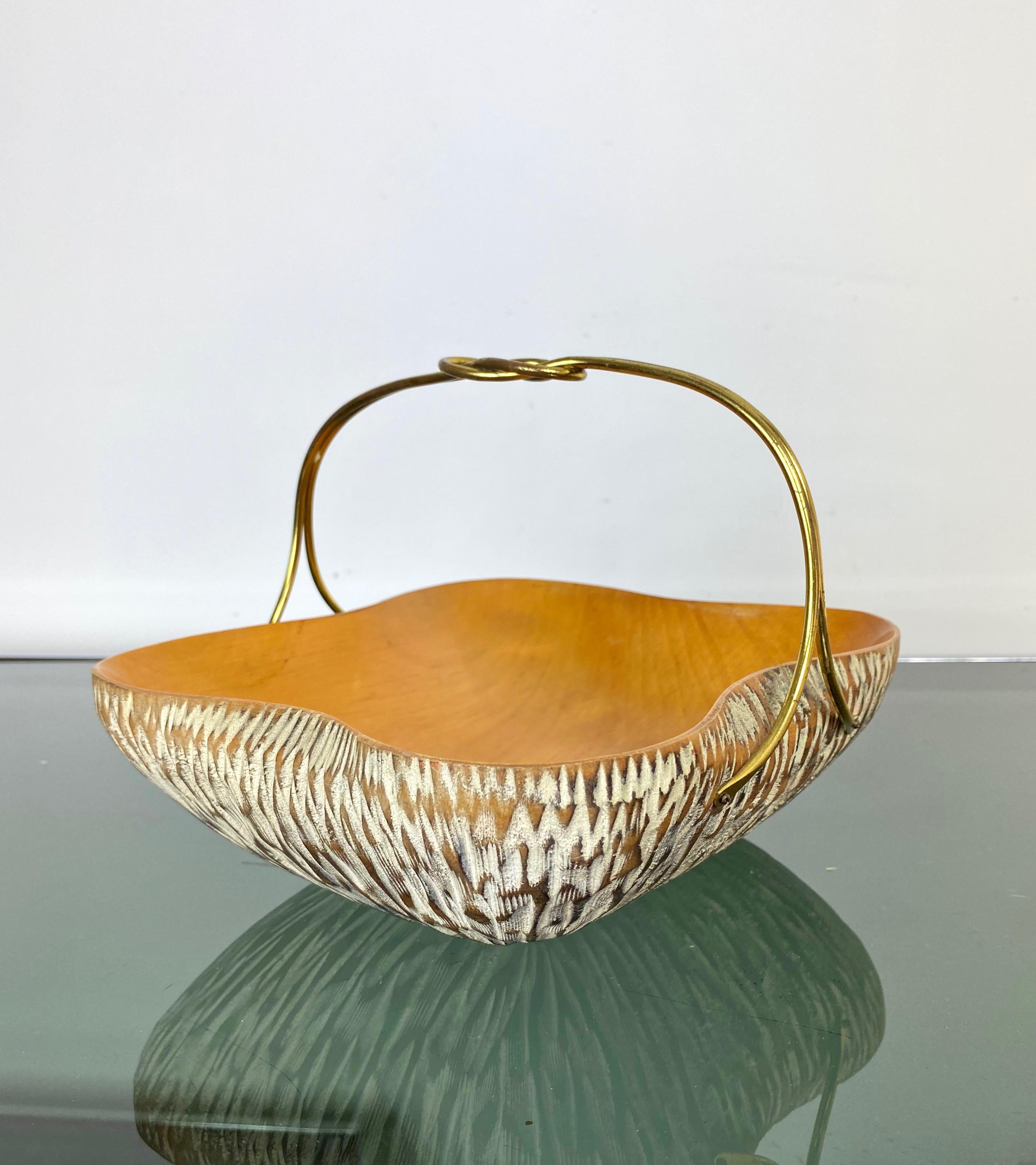 Aldo Tura for Macabo Walnut Bowl Basket Centrepiece Wood and Brass, Italy, 1950s For Sale 1