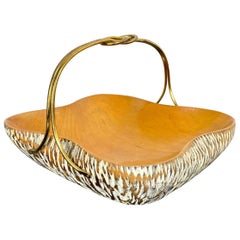 Aldo Tura for Macabo Walnut Bowl Basket Centrepiece Wood and Brass, Italy, 1950s