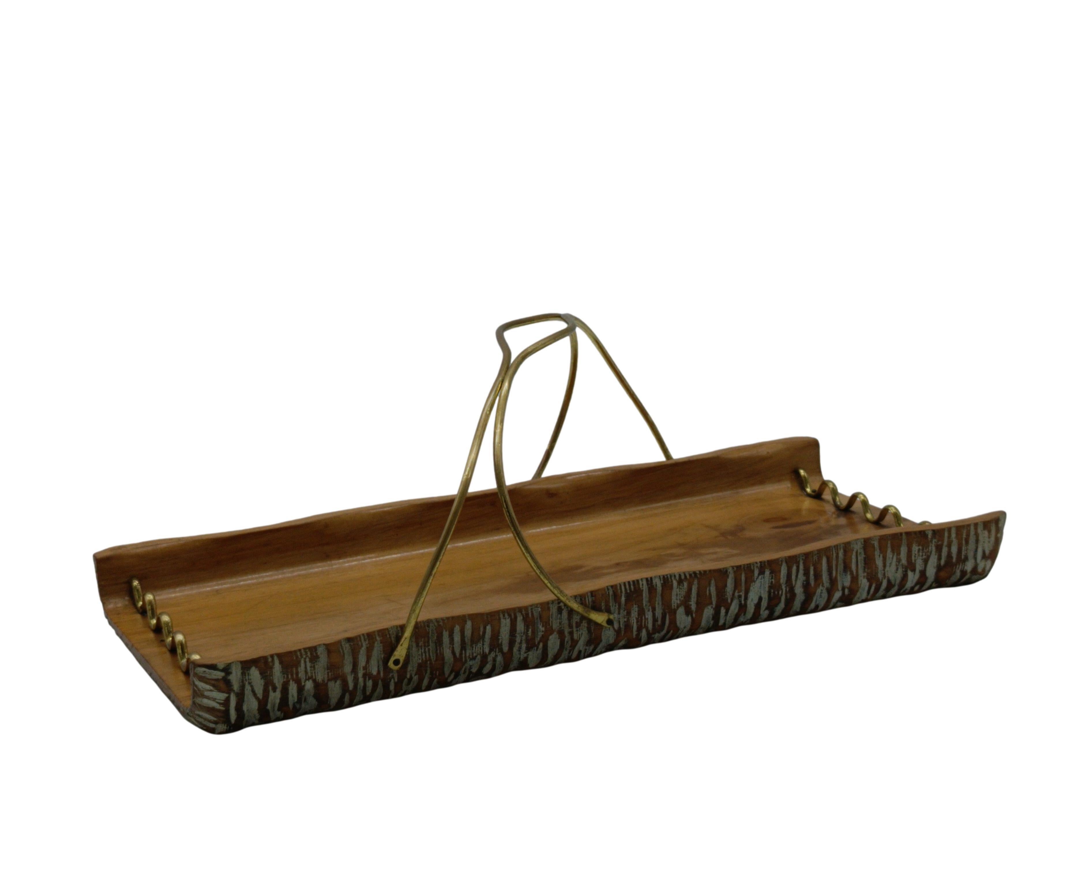 Mid-Century Modern Aldo Tura for Macabo Wood and Brass Tray, Italy 1960s For Sale
