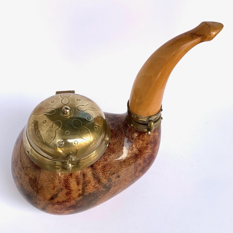 Aldo Tura Goat Skin, Brass and Wood Italian Pipe Shaped Tobacco Box, 1940s For Sale 7