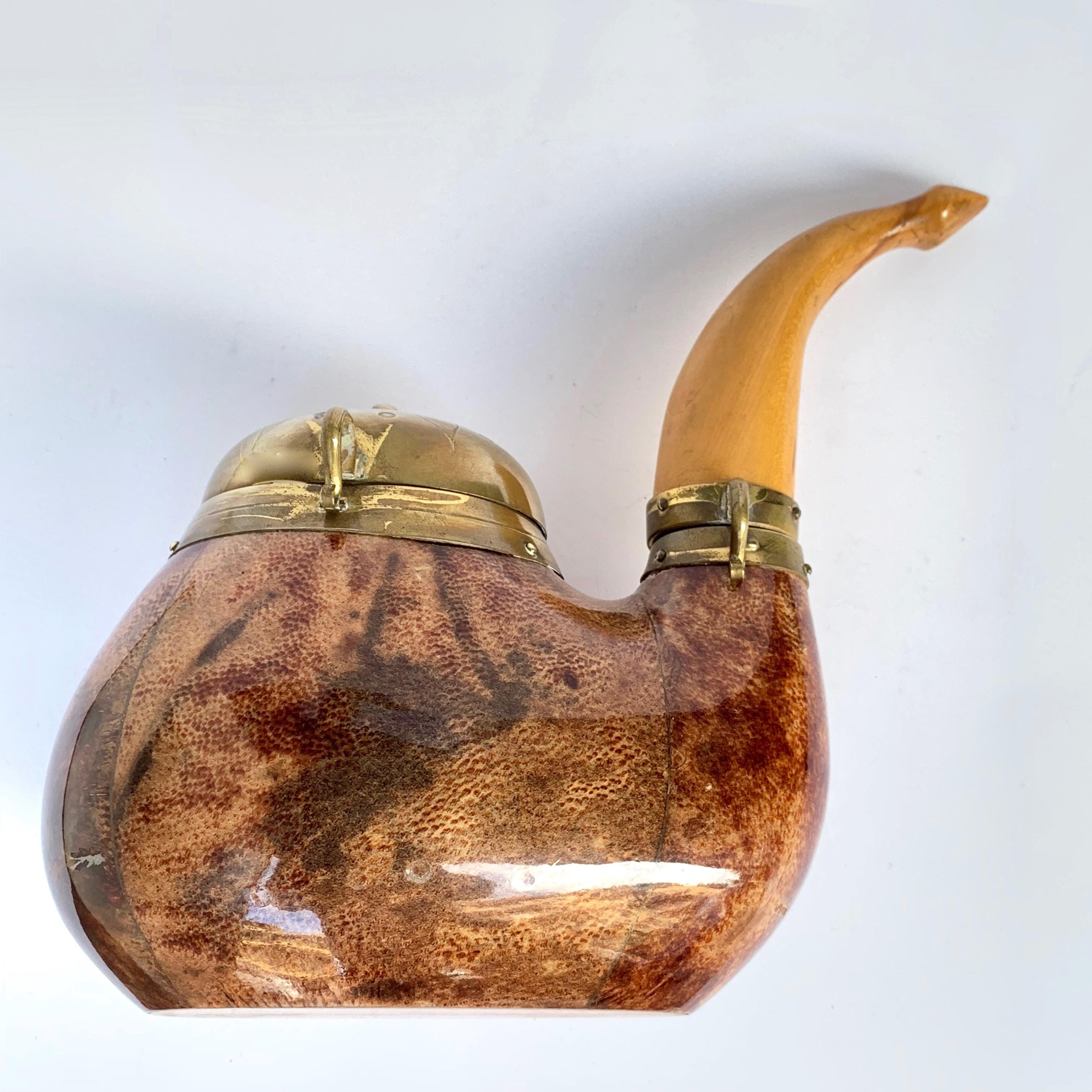 Aldo Tura Goat Skin, Brass and Wood Italian Pipe Shaped Tobacco Box, 1940s For Sale 6