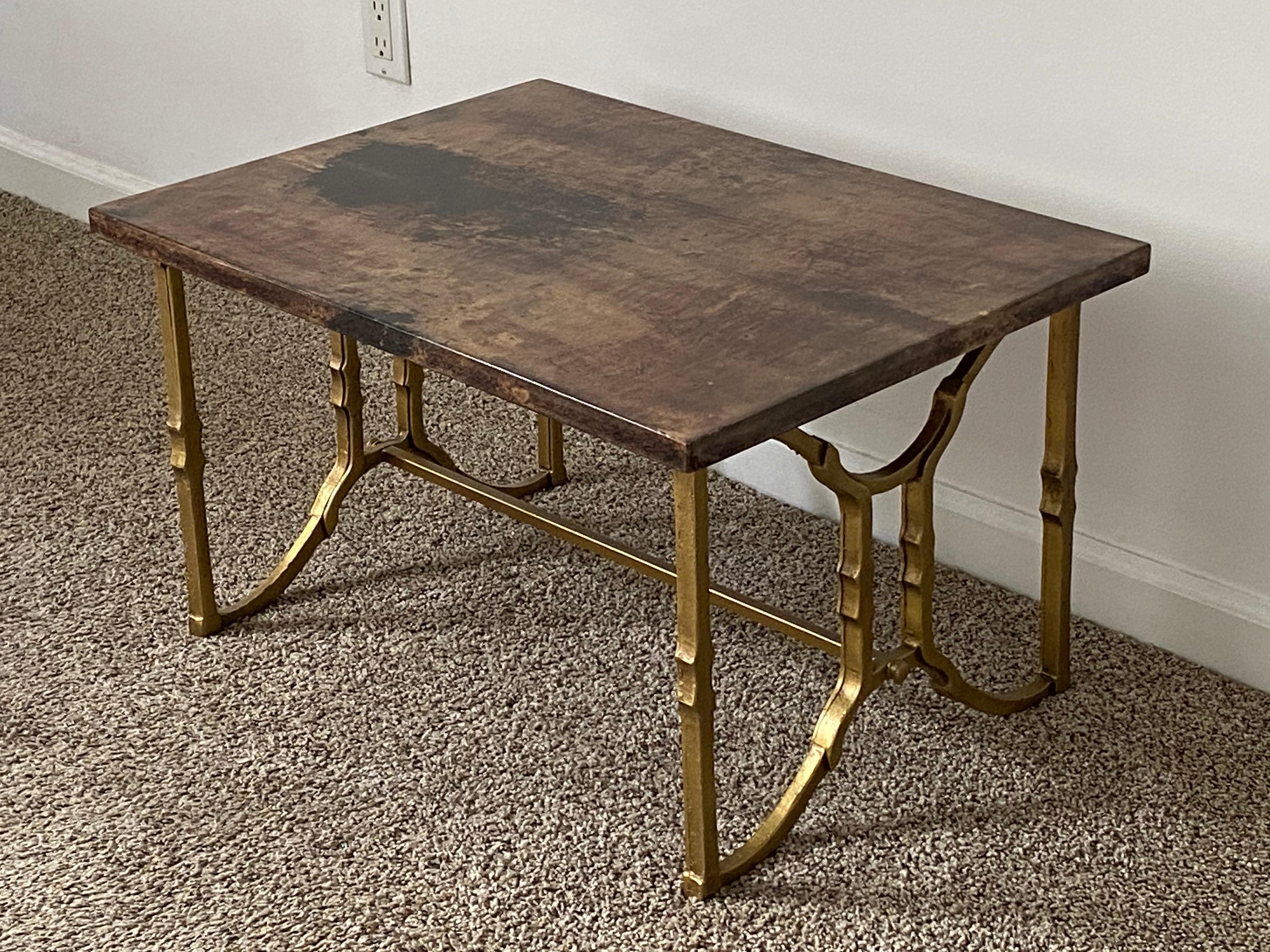 Italian lacquered goat skin table with gold painted metal by Aldo Tura, circa 1970s.