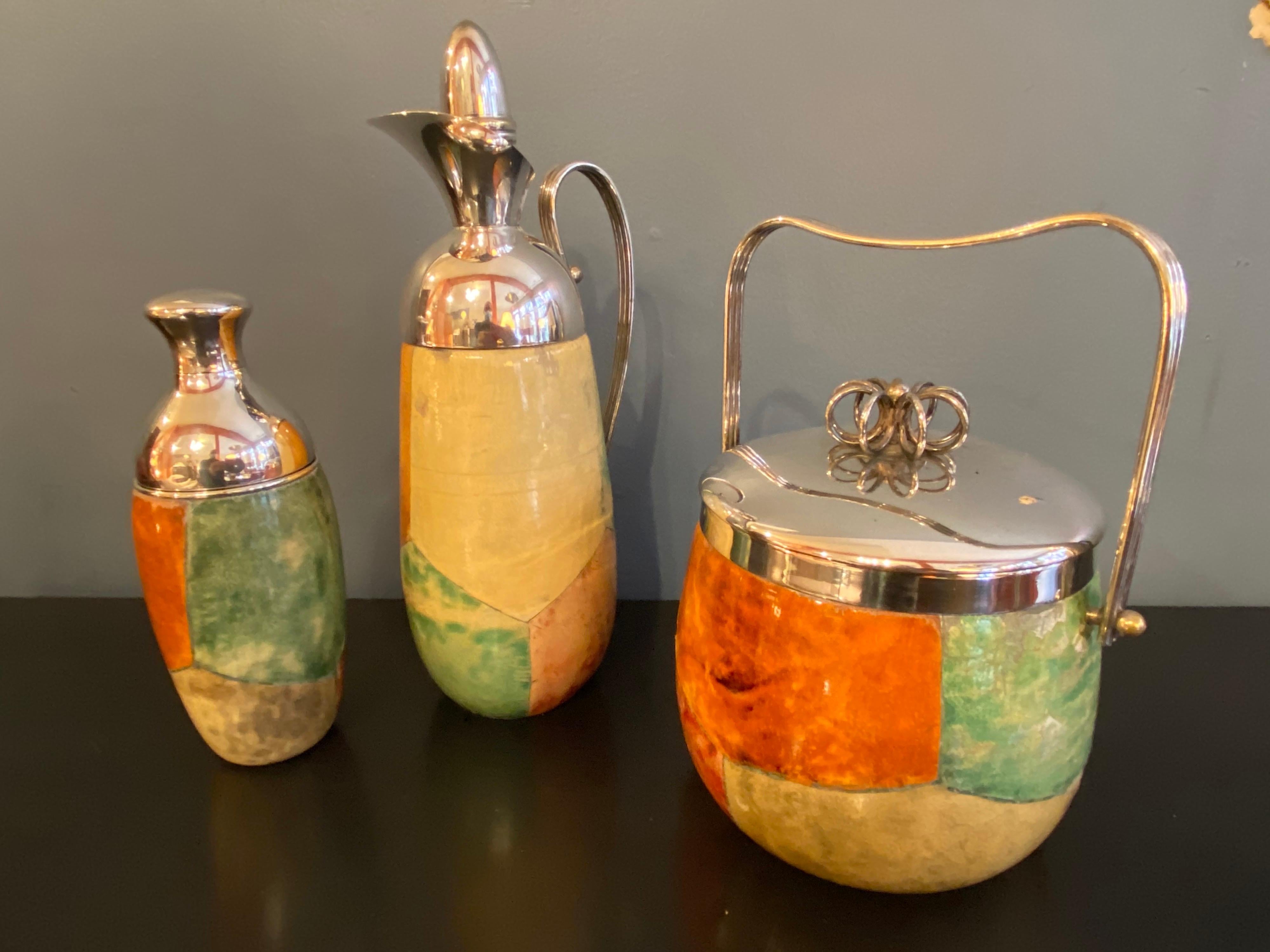 Aldo Tura Goat Skinned Mirrored Tray, Ice Bucket, Cocktail Shaker and Carafe 5