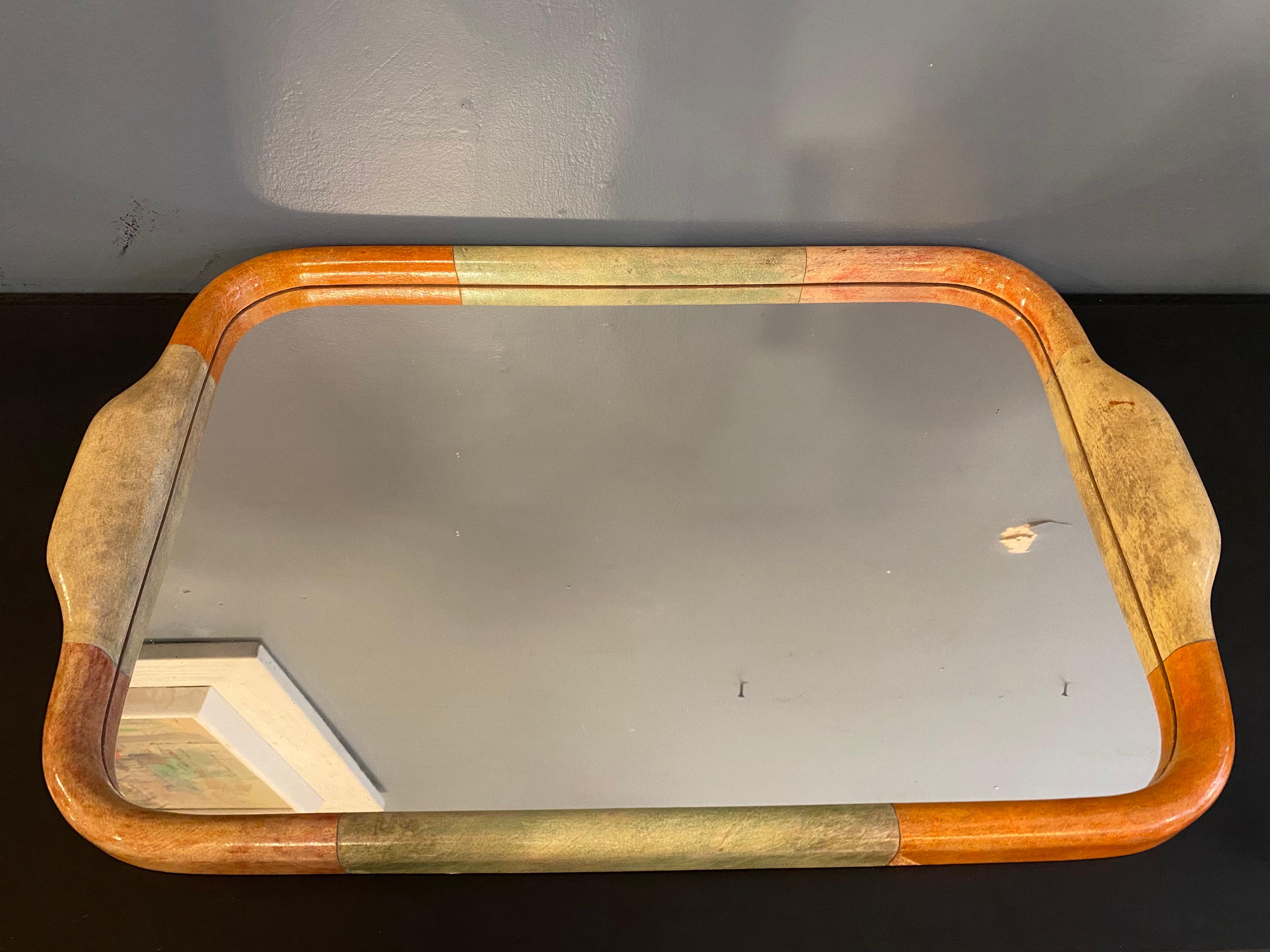 Mid-Century Modern Aldo Tura Goat Skinned Mirrored Tray, Ice Bucket, Cocktail Shaker and Carafe