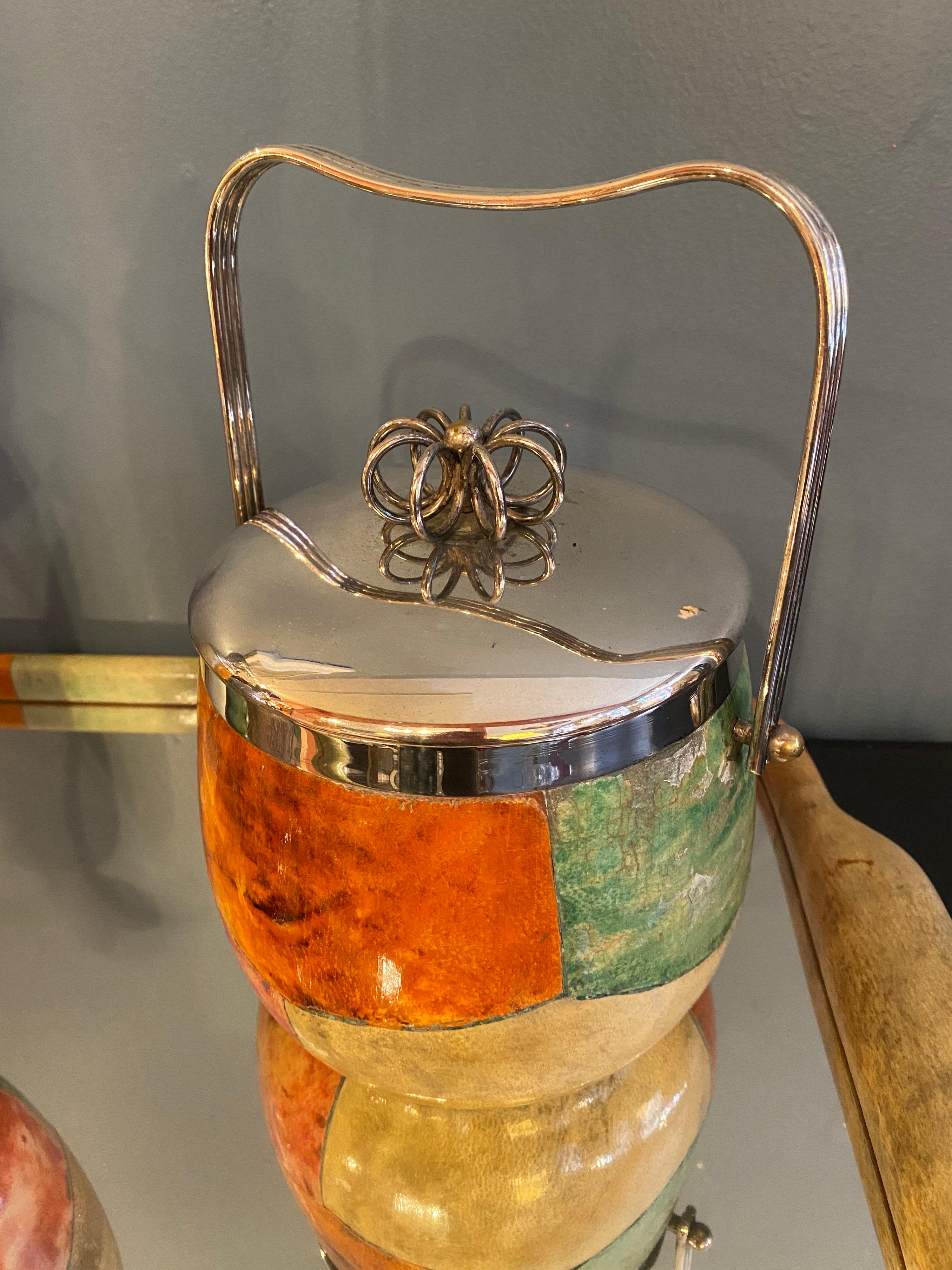 Italian Aldo Tura Goat Skinned Mirrored Tray, Ice Bucket, Cocktail Shaker and Carafe