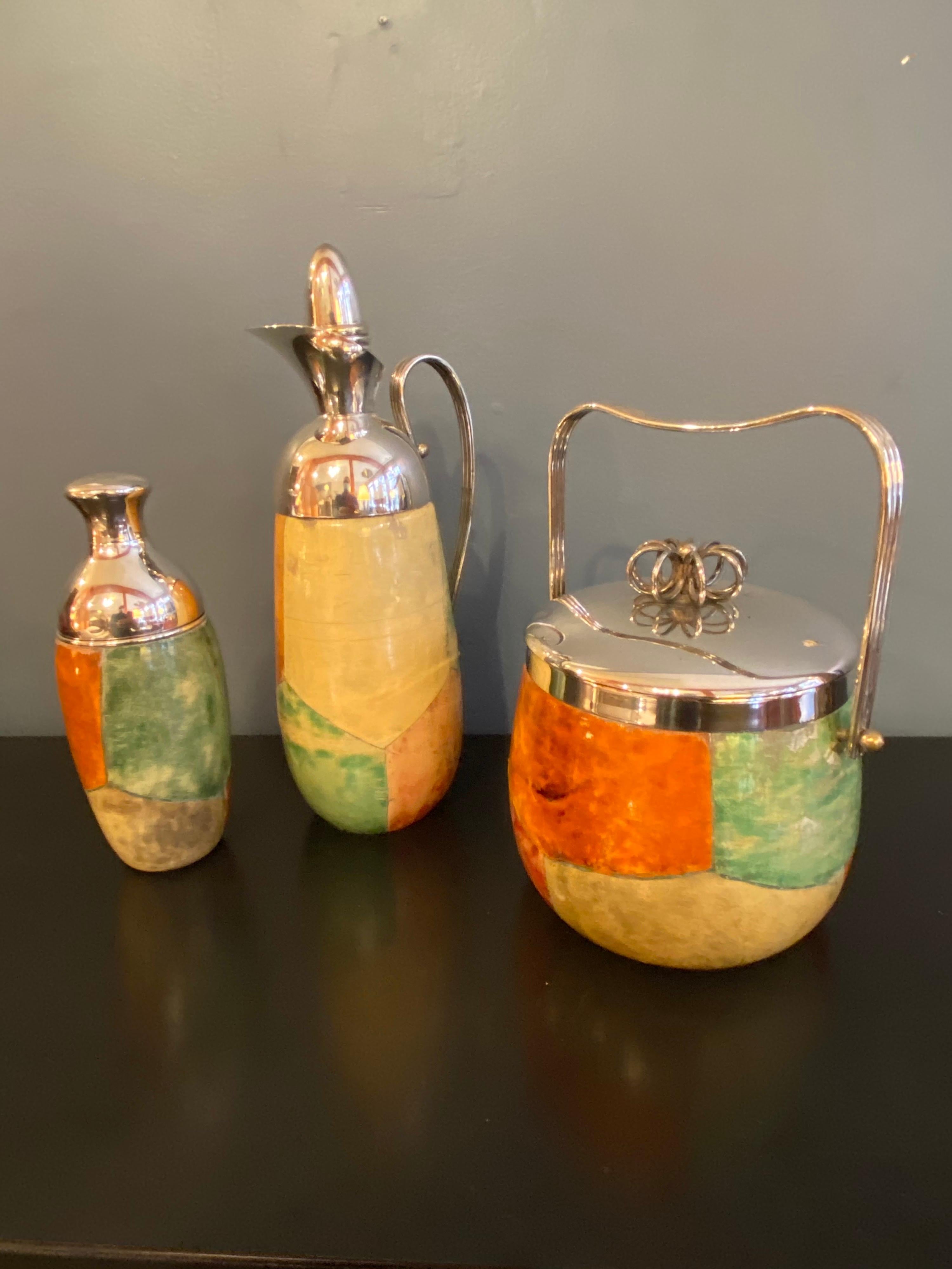 Aldo Tura Goat Skinned Mirrored Tray, Ice Bucket, Cocktail Shaker and Carafe 2
