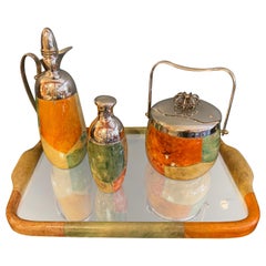 Retro Aldo Tura Goat Skinned Mirrored Tray, Ice Bucket, Cocktail Shaker and Carafe