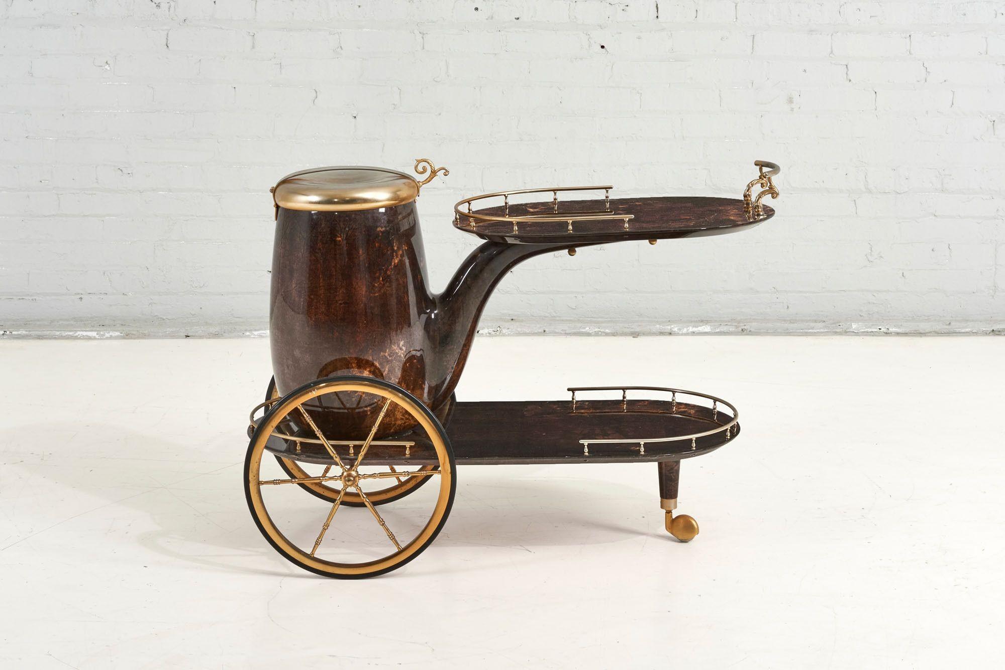 Aldo Tura Goatskin and brass bar cart/trolley Italy, 1960.

