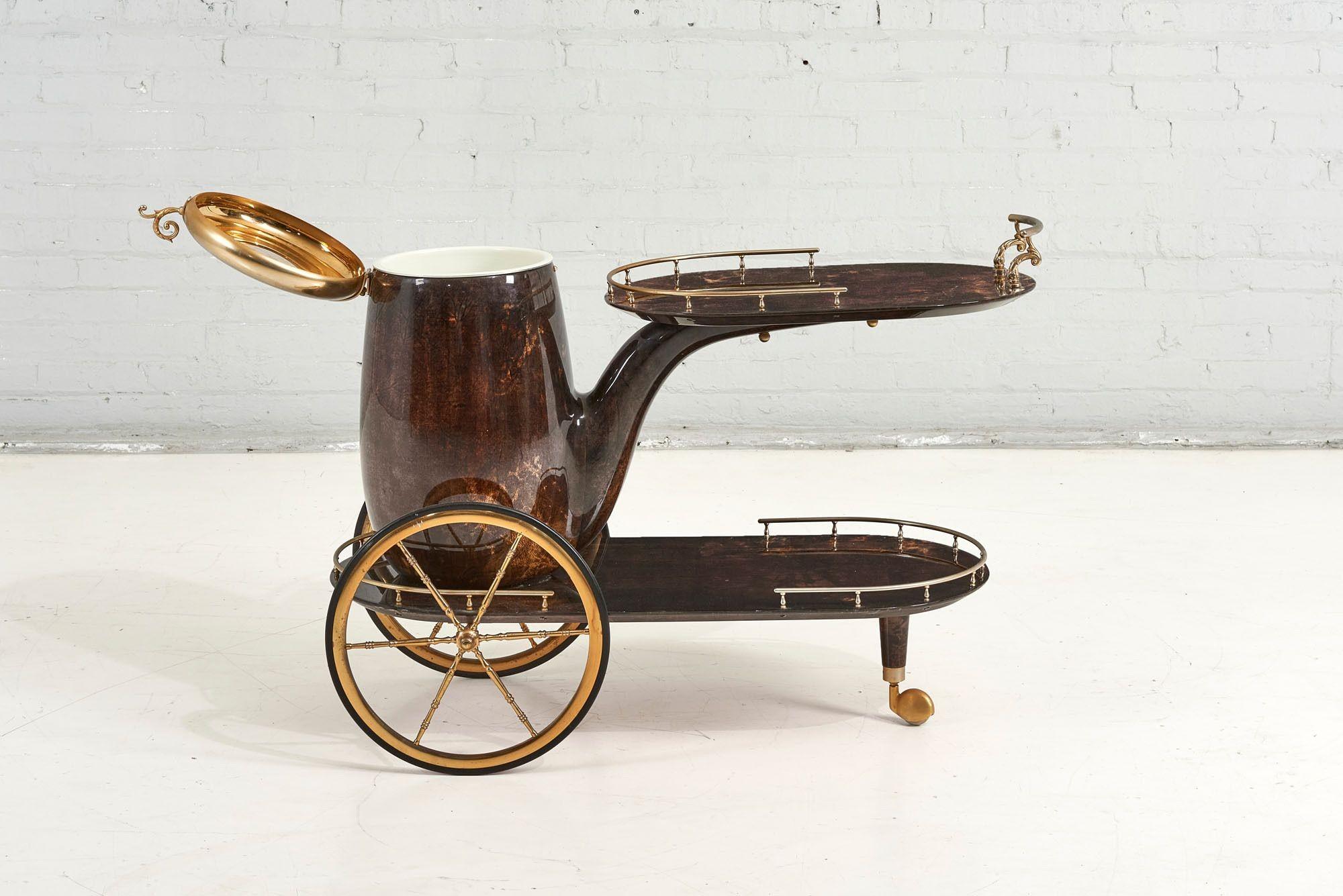 Mid-Century Modern Aldo Tura Goatskin and Brass Bar Cart, Italy, 1960