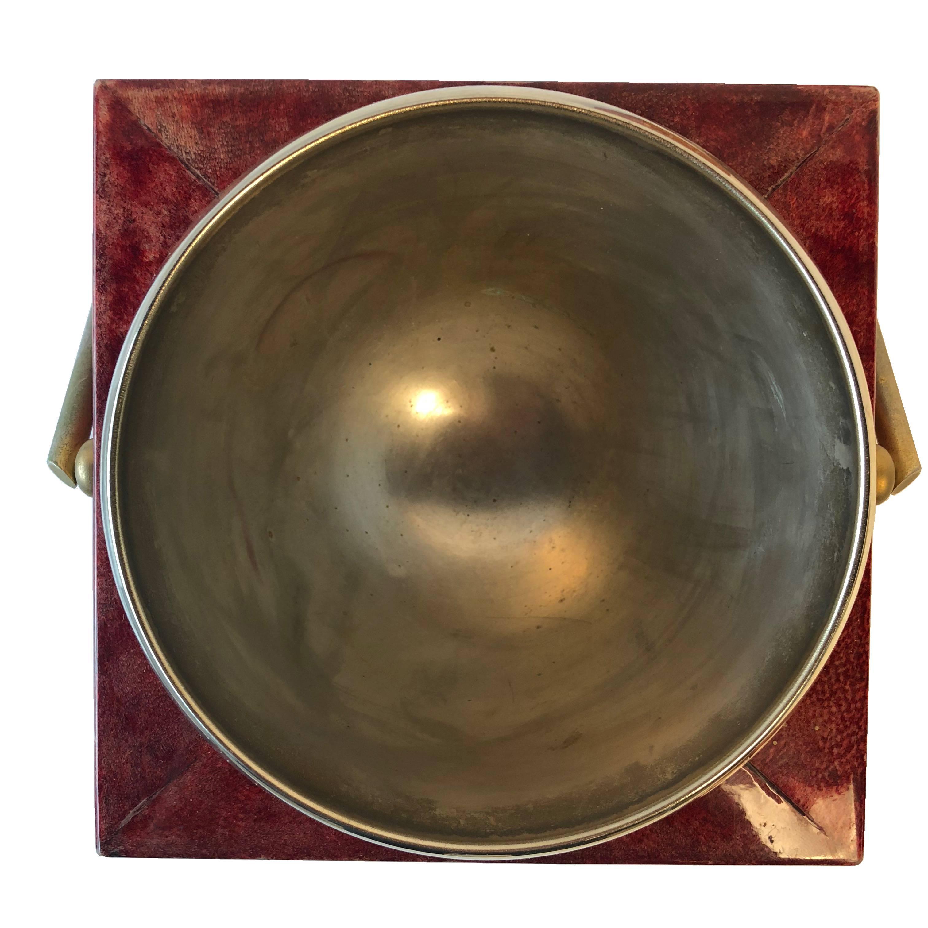 Mid-20th Century Aldo Tura Goatskin and Brass Ice Bucket Set Bar with Shaker, circa 1950, Italy