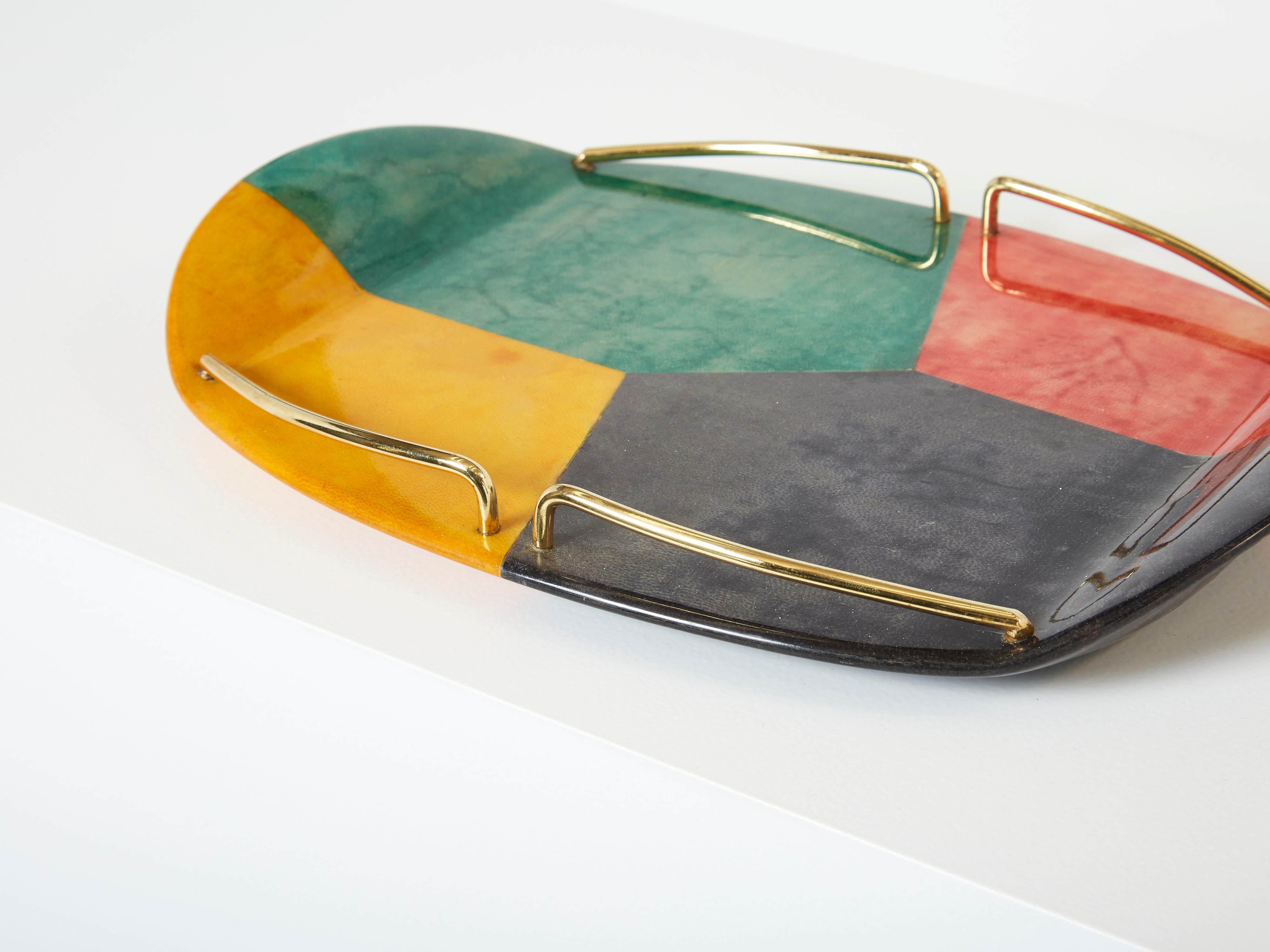 Mid-Century Modern Aldo Tura Goatskin and Brass Small Serving Tray for Macabo Milano 1960 For Sale