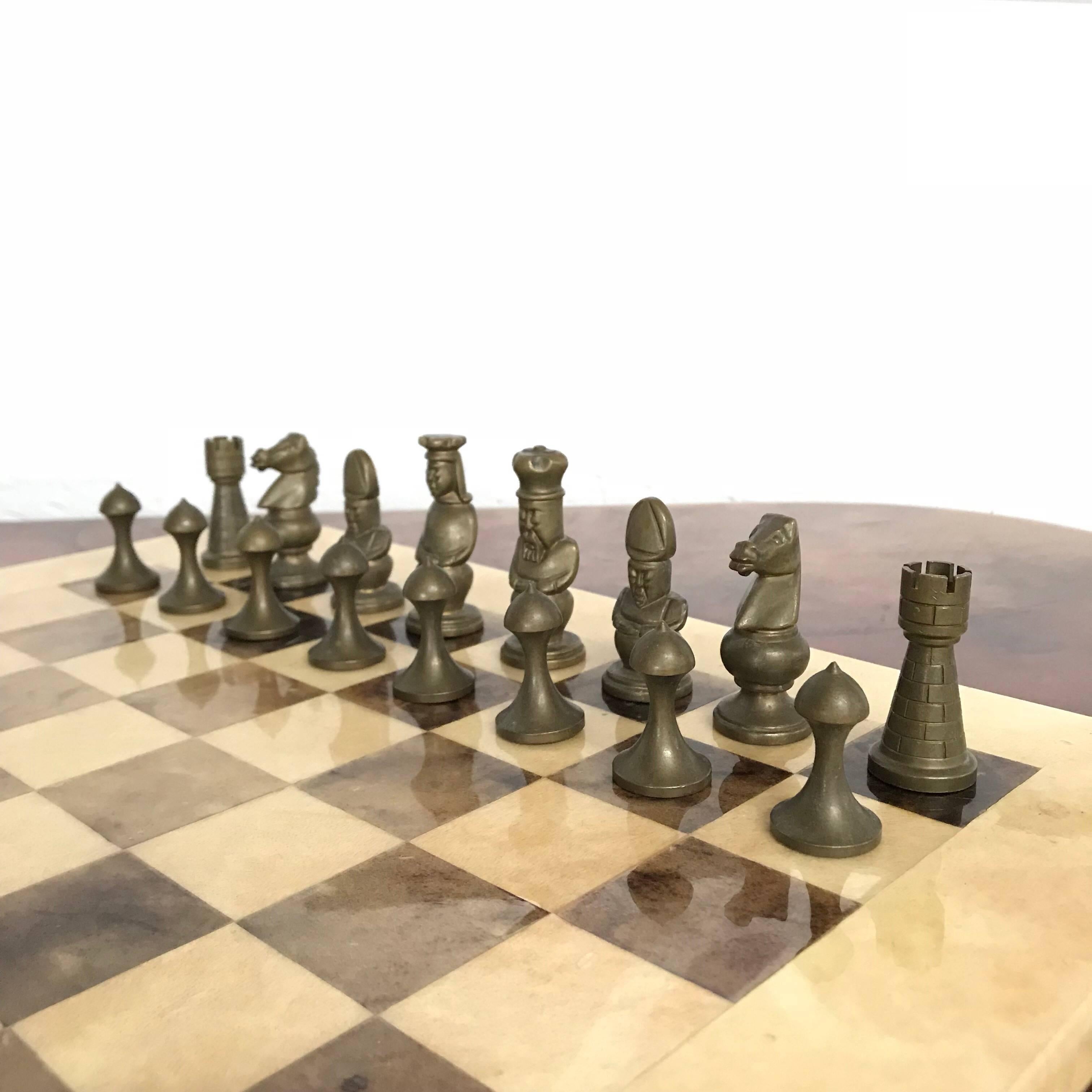 Mid-Century Modern Aldo Tura Goatskin and Bronze Chess Set