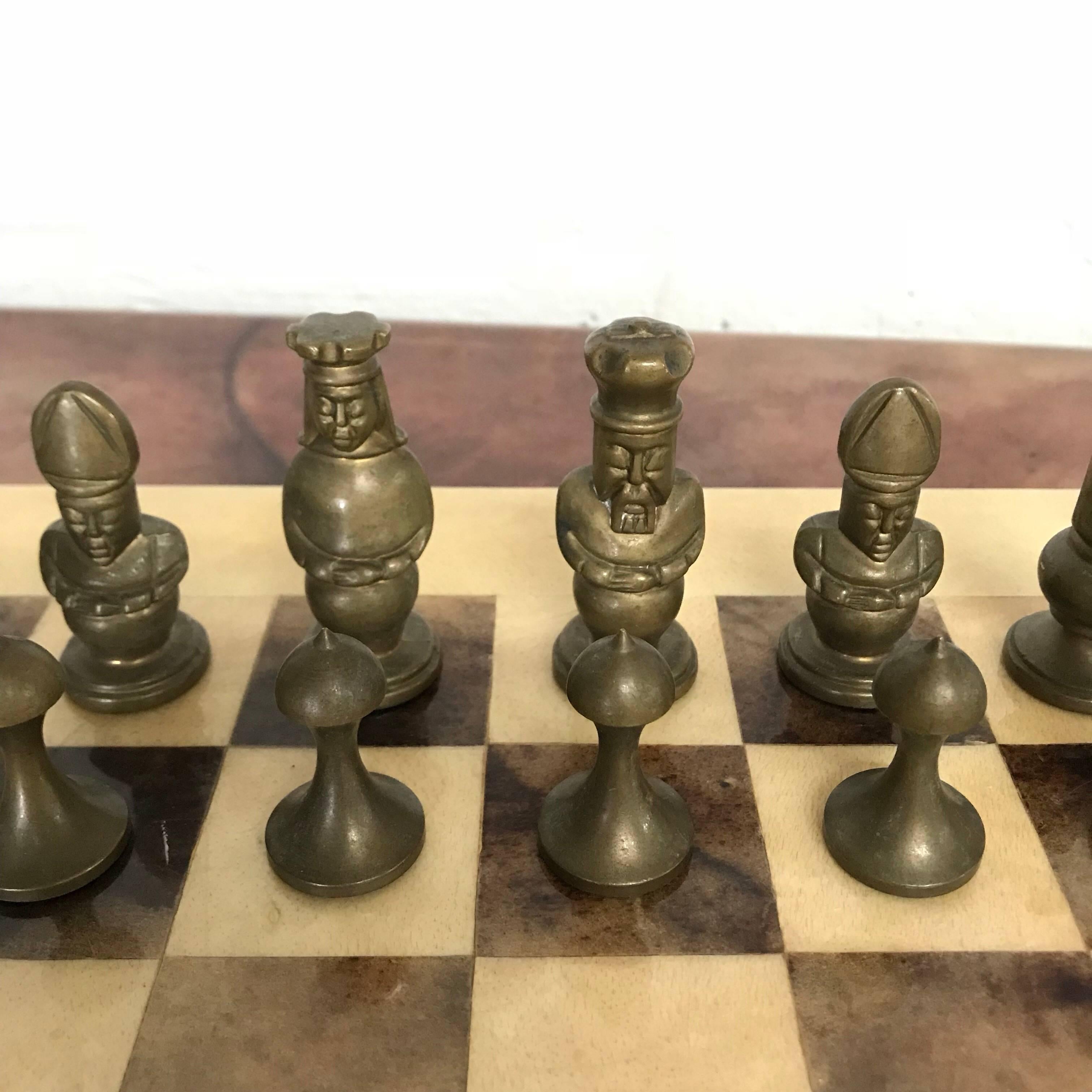 Aldo Tura Goatskin and Bronze Chess Set In Excellent Condition In Miami, FL