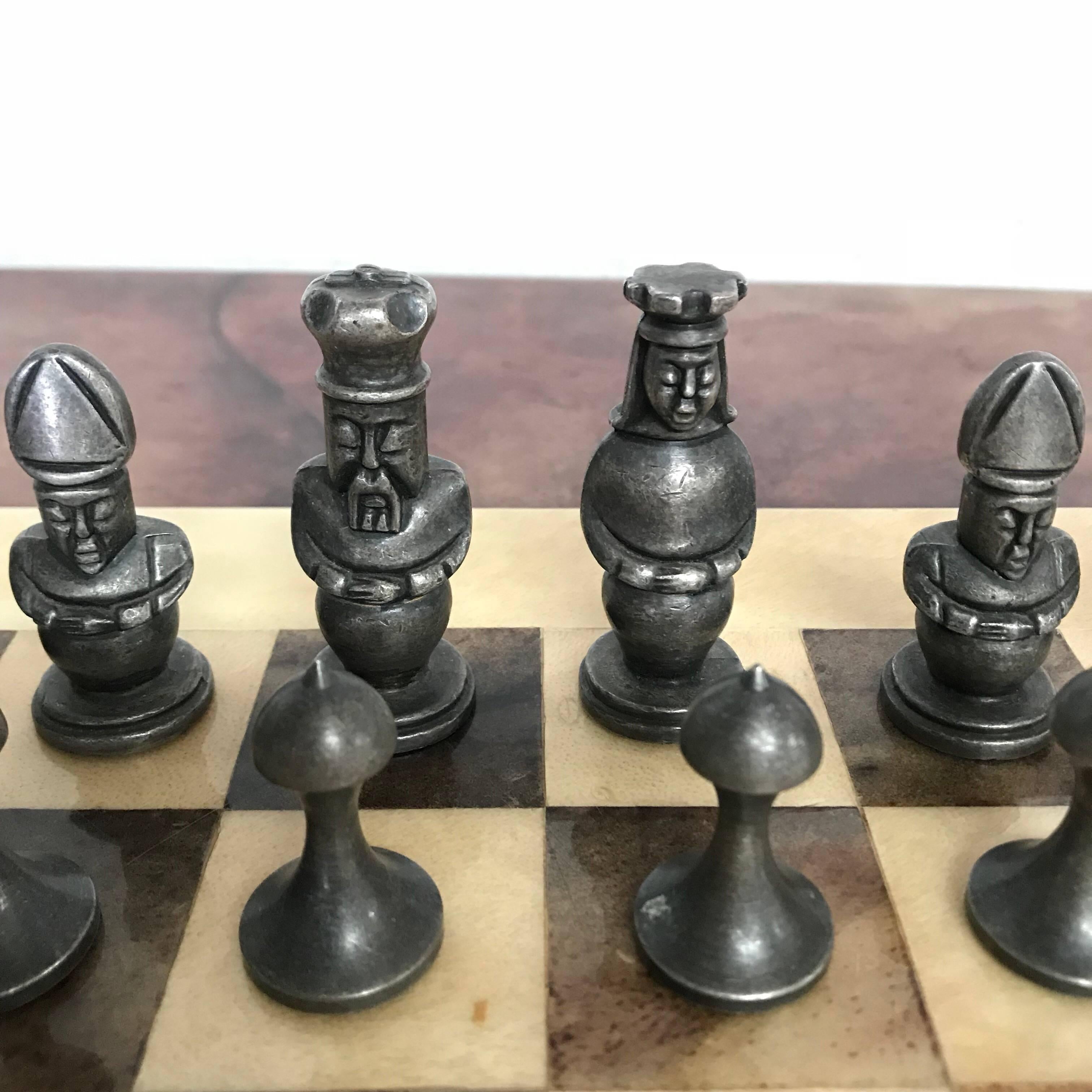 20th Century Aldo Tura Goatskin and Bronze Chess Set