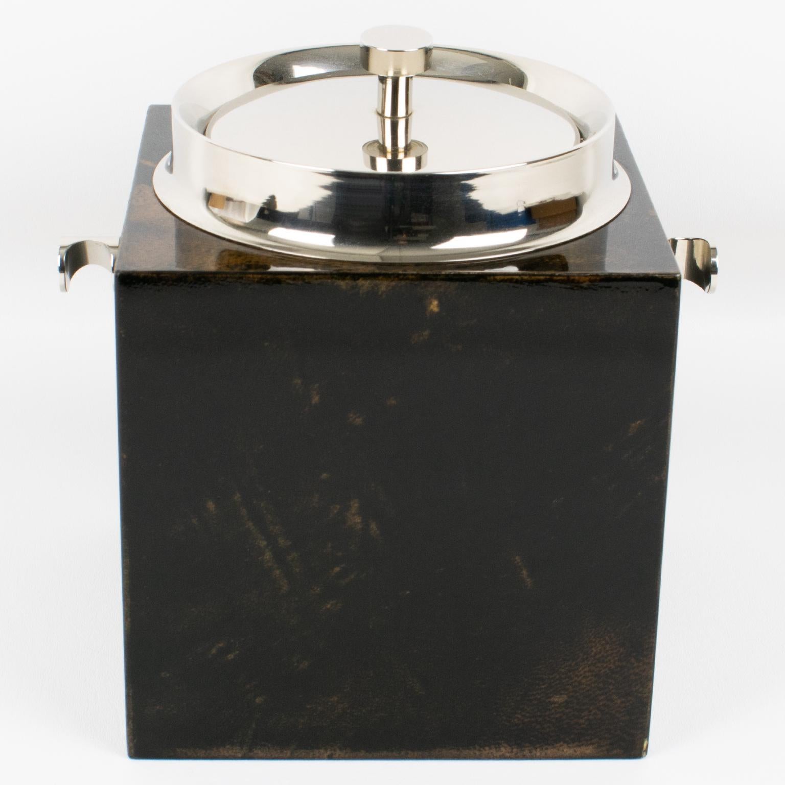 Mid-Century moderno Secchiello per il ghiaccio in pelle di capra e metallo cromato di Aldo Tura, circa 1960 in vendita