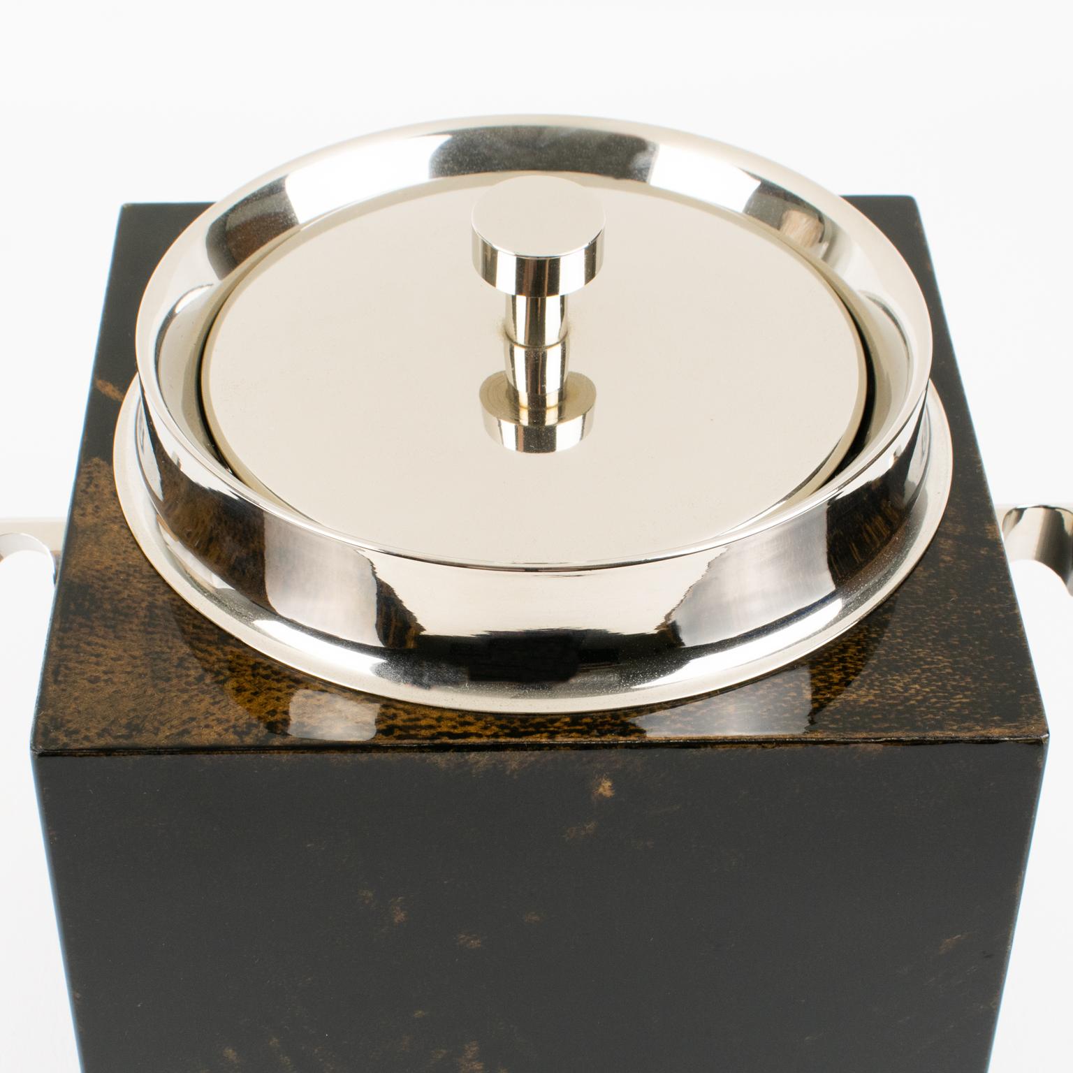 Metallo Secchiello per il ghiaccio in pelle di capra e metallo cromato di Aldo Tura, circa 1960 in vendita