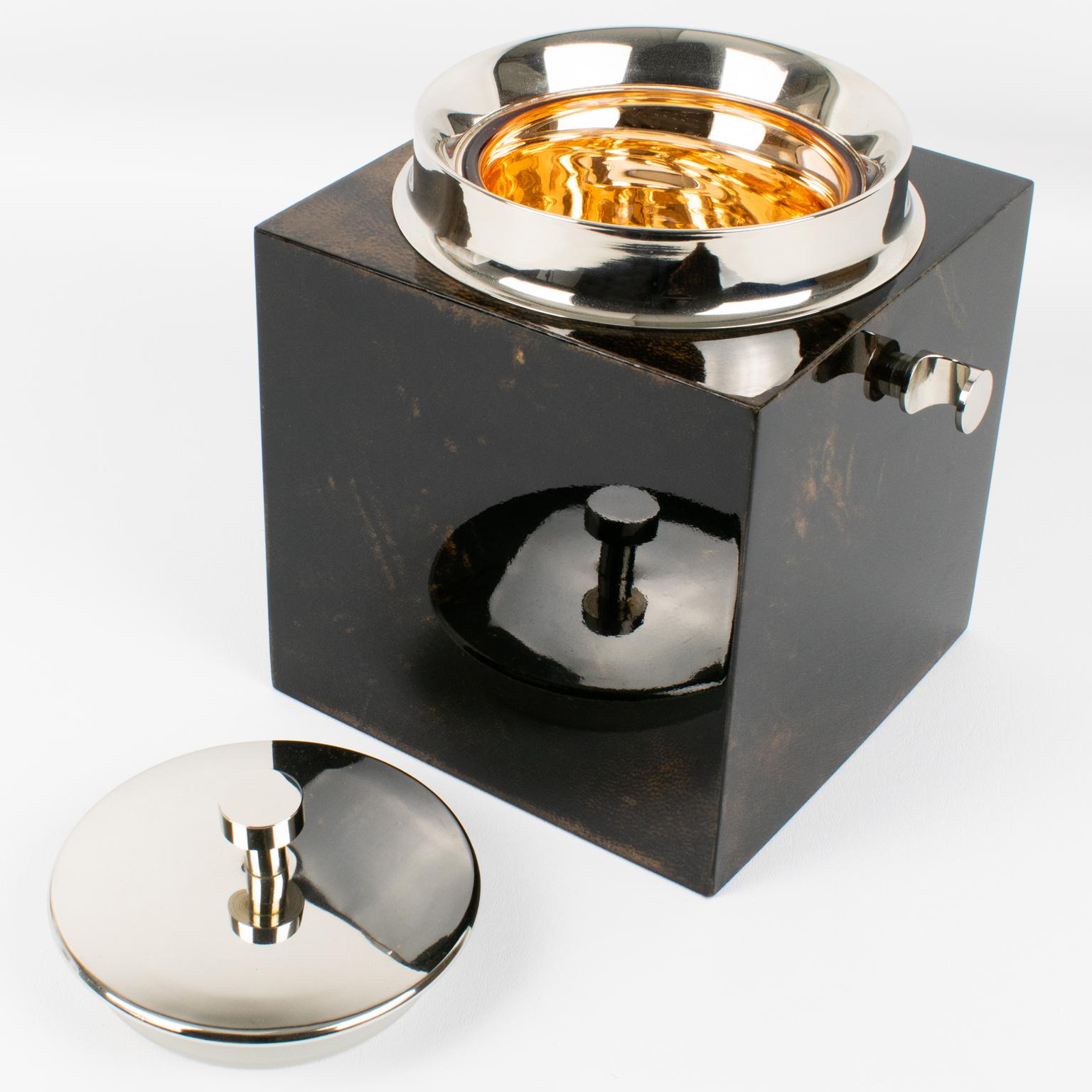 Secchiello per il ghiaccio in pelle di capra e metallo cromato di Aldo Tura, circa 1960 in vendita 1