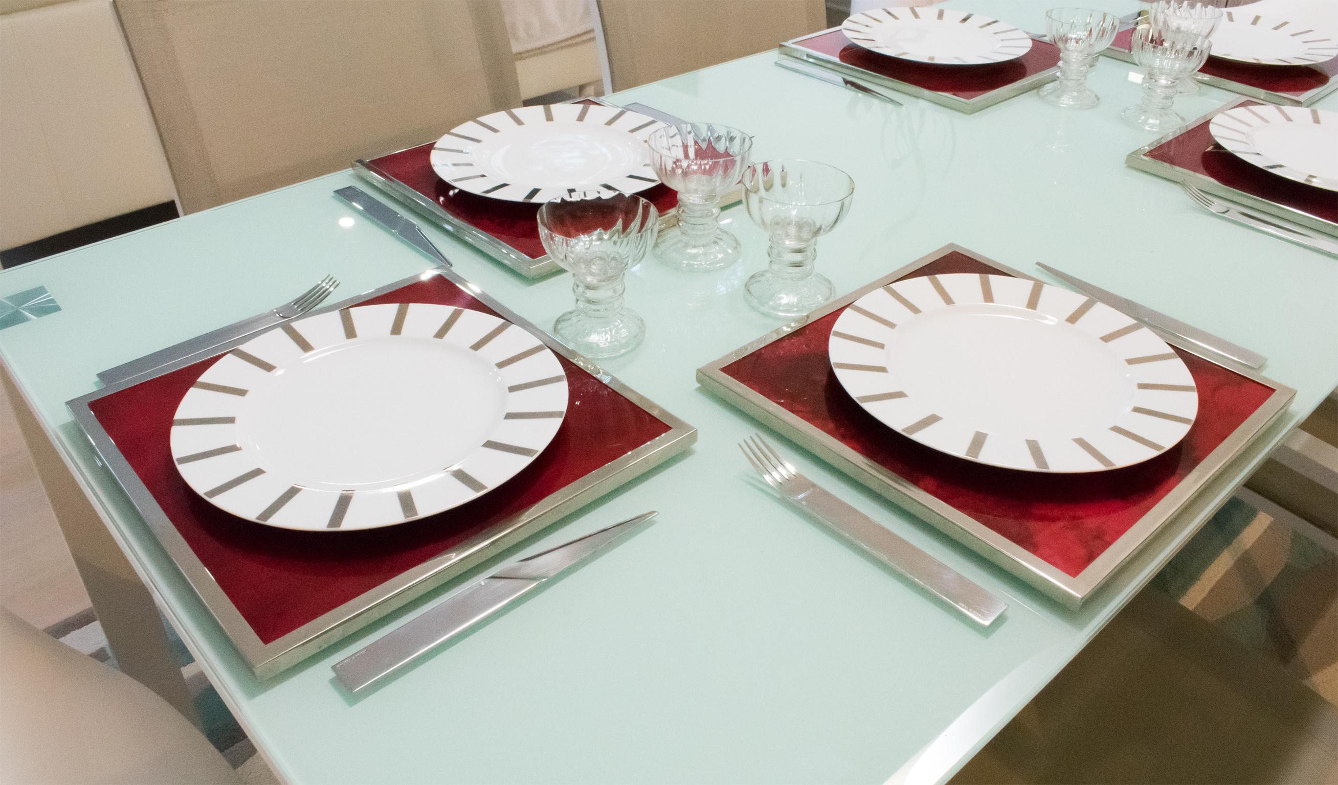 Late 20th Century Aldo Tura Goatskin and Chrome Placemat or Charger, 6 Pieces For Sale