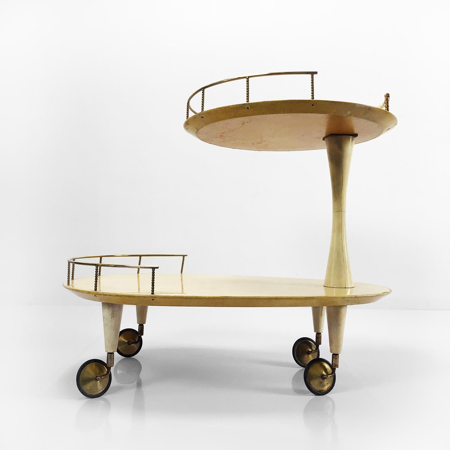 Aldo Tura goatskin bar cart with brass accents, circa 1960s.