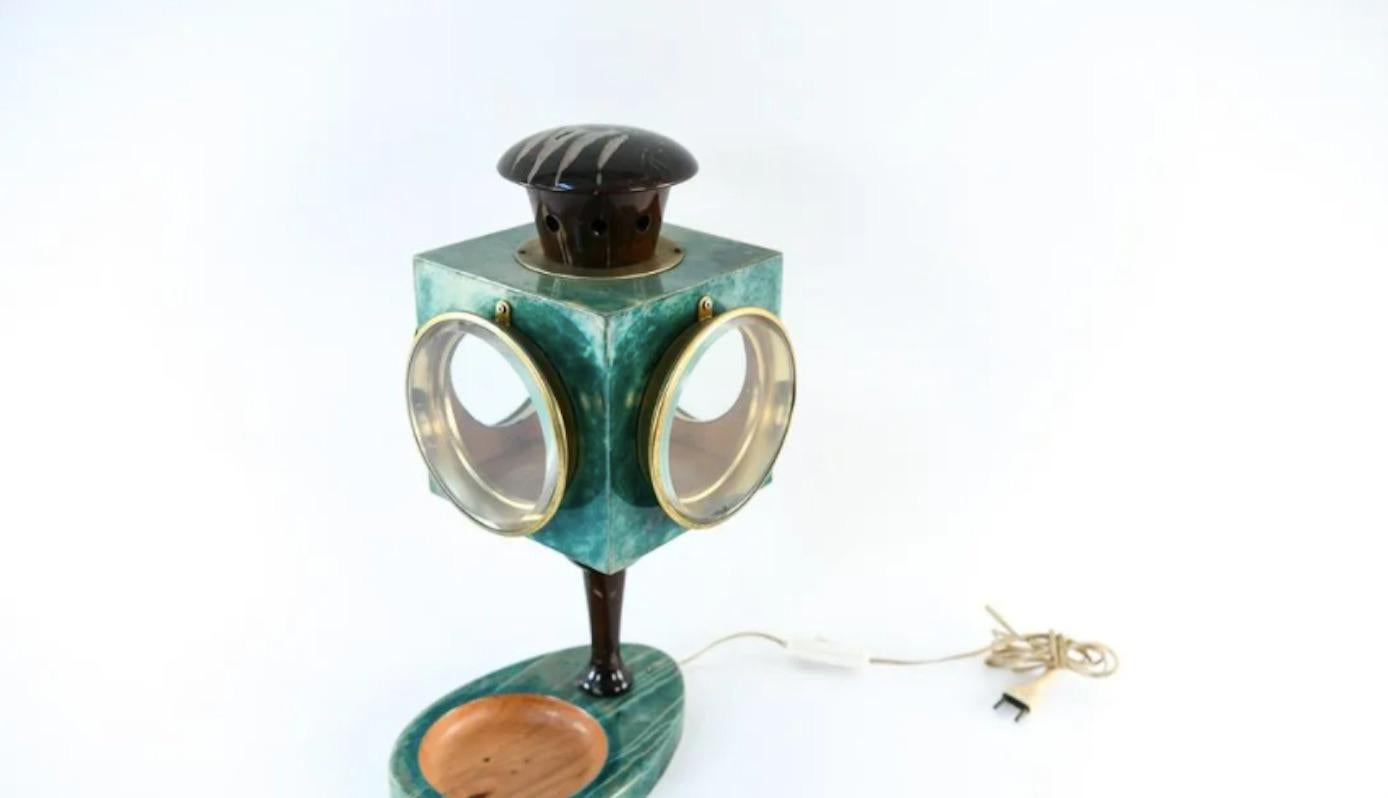 Mid-Century Modern Aldo Tura Goatskin, Brass and Glass Lantern Lamp For Sale