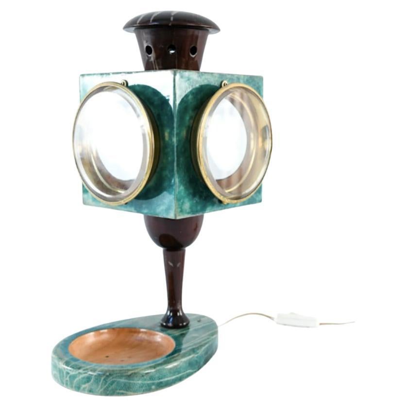 Aldo Tura Goatskin, Brass and Glass Lantern Lamp For Sale