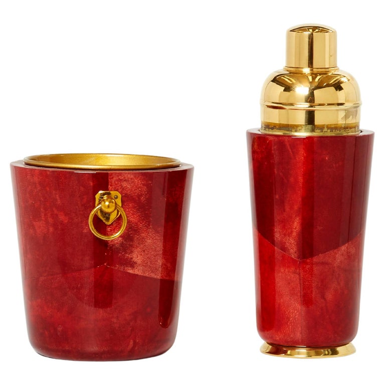 Aldo Tura Goatskin Brass Ice Bucket Cocktail Shaker Bar Set 1960 For Sale at 1stDibs
