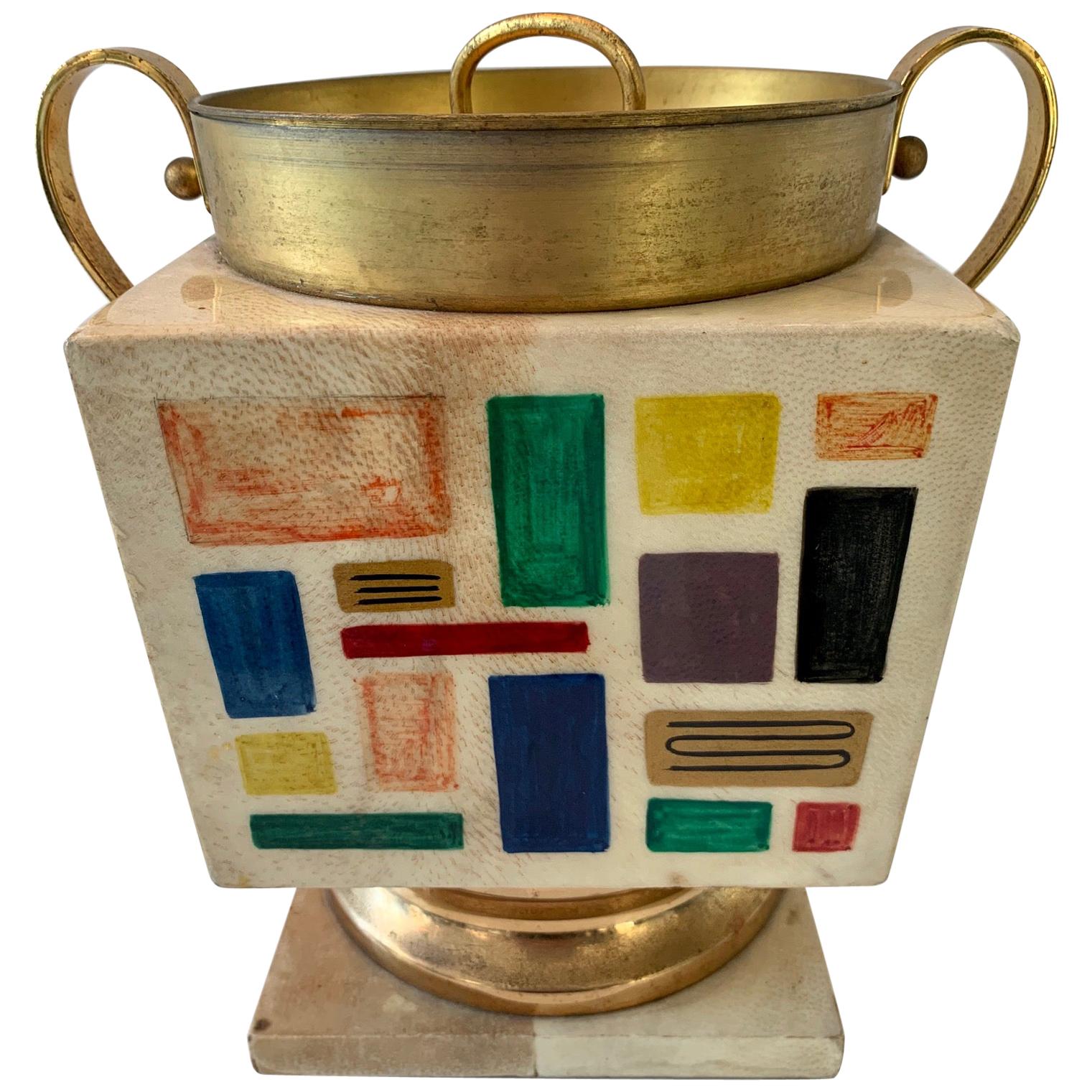 Aldo Tura Goatskin Ice Bucket or Urn with Patchwork Pattern For Sale