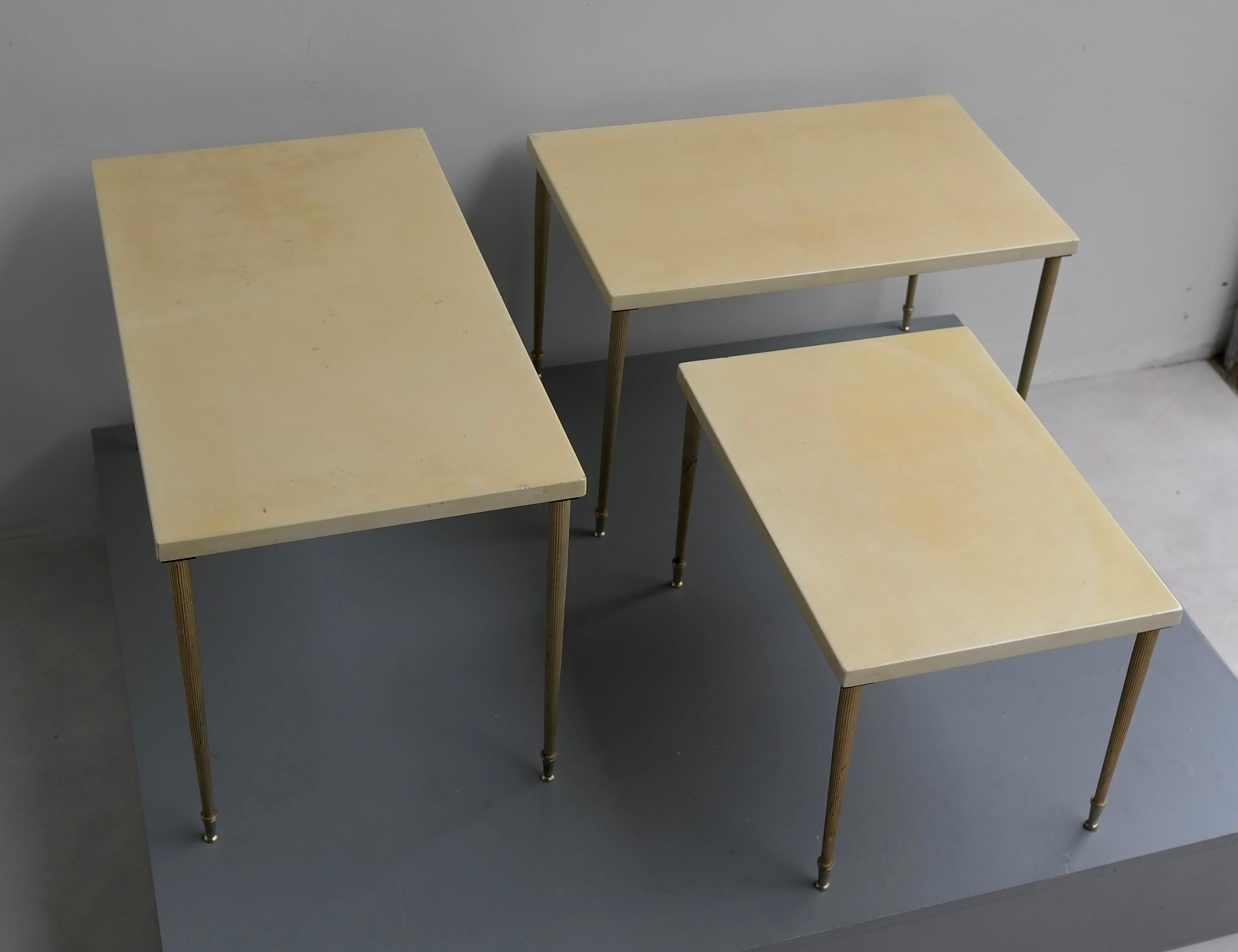 Aldo Tura goatskin nesting tables in Ivory crème, Italy, 1950s.