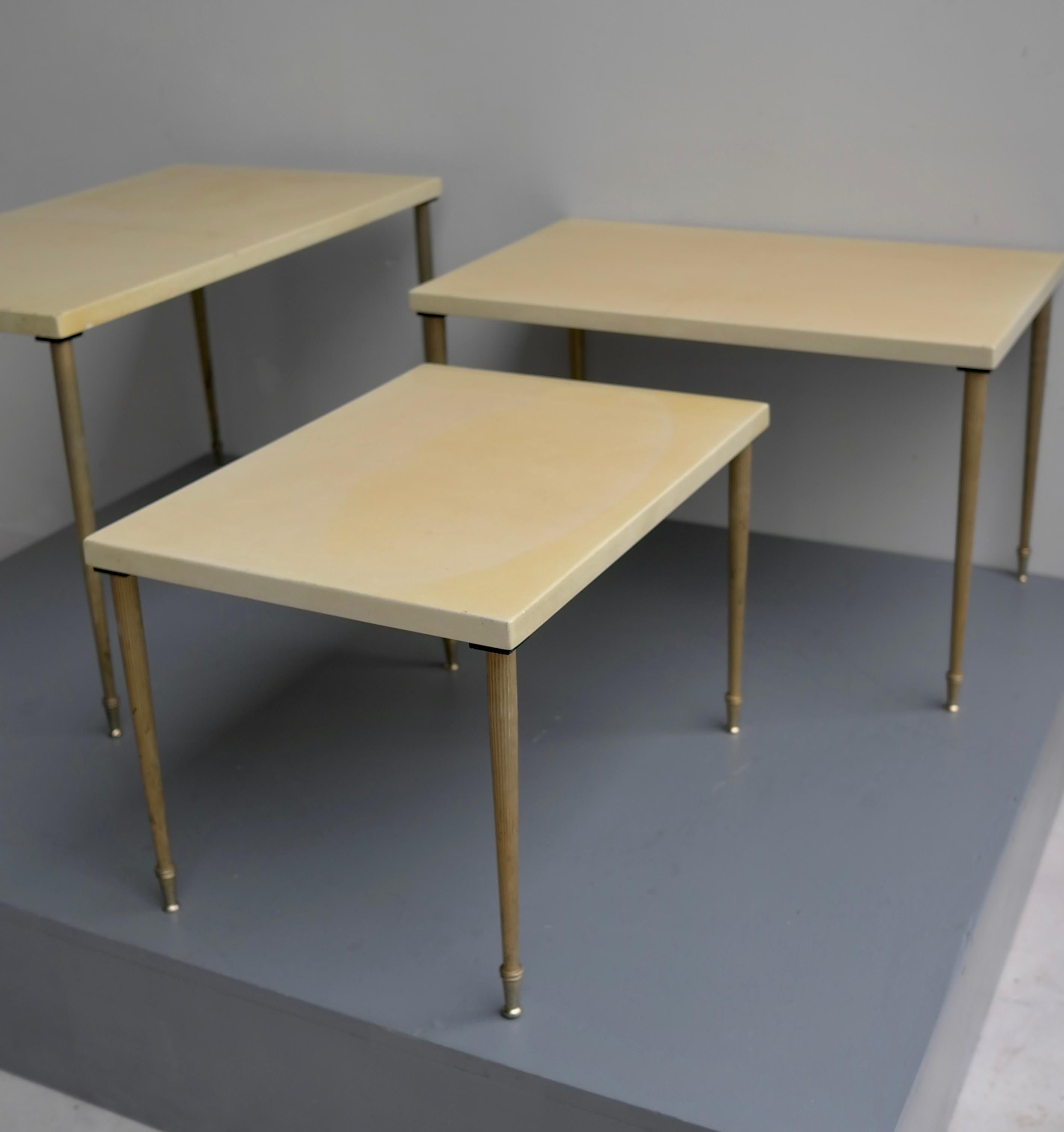 Brass Aldo Tura Goatskin Nesting Tables in Ivory Crème, Italy, 1950s For Sale