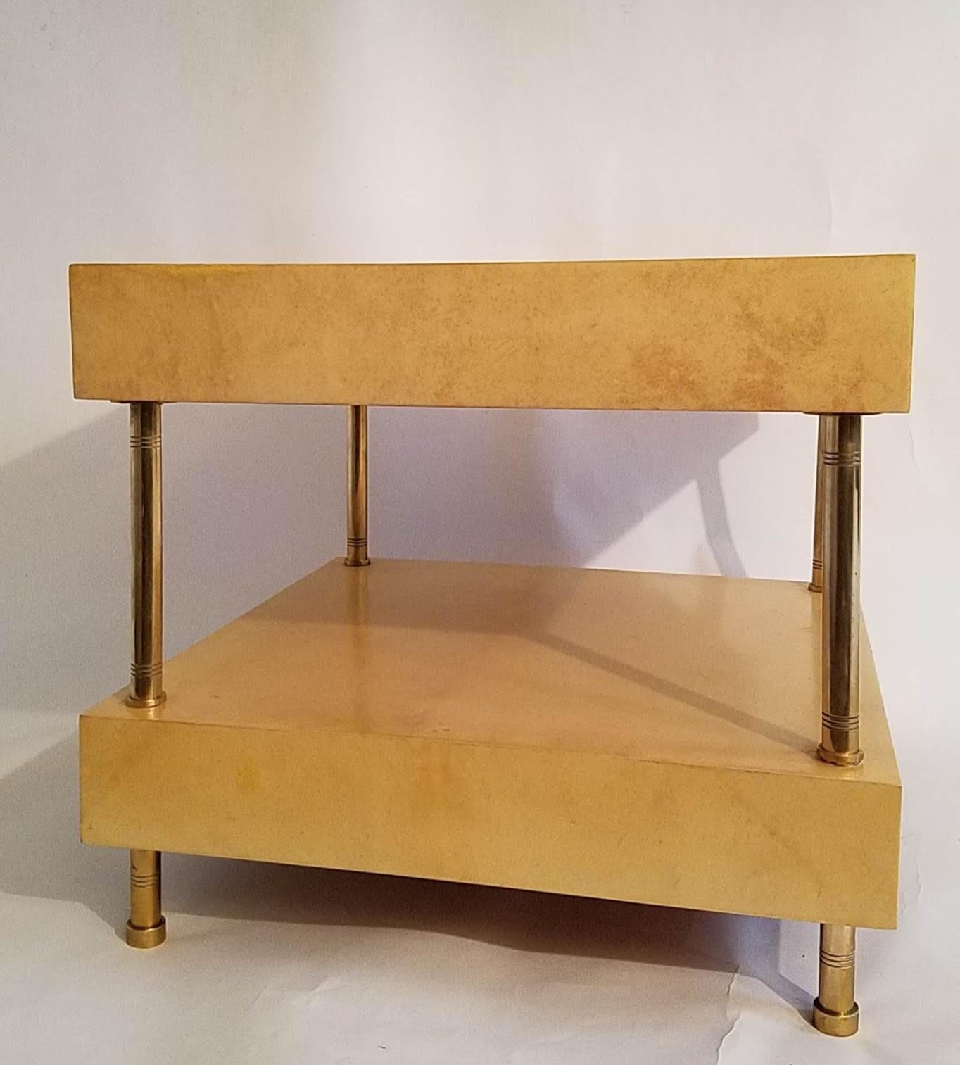 Aldo Tura Two Drawer Nightstand Side Table Parchment Italy 1950s In Good Condition In Camden, ME