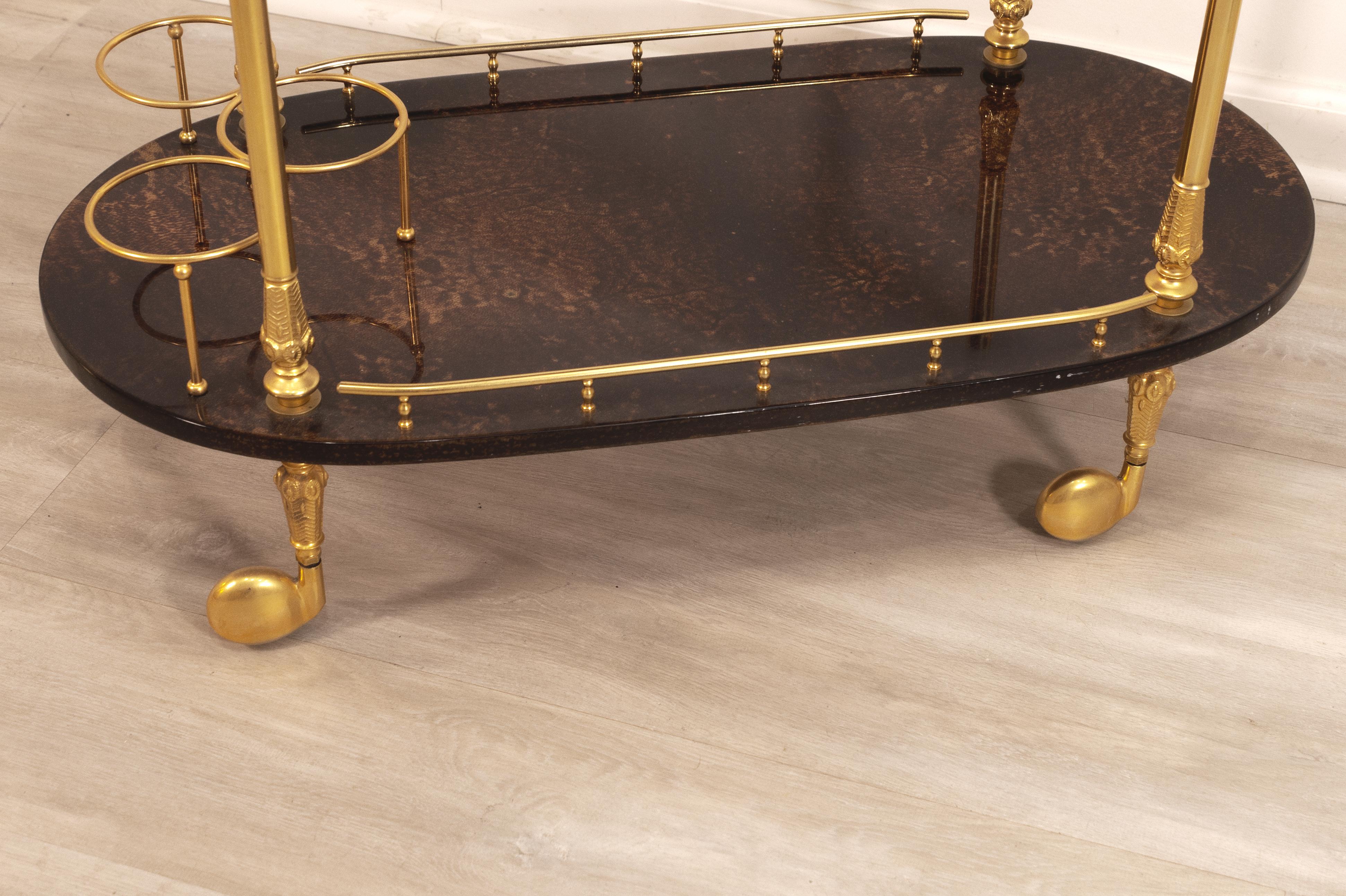 Aldo Tura Goatskin Parchment & Brass Mid Century Modern 1960s Italian Bar Cart In Good Condition In Keego Harbor, MI