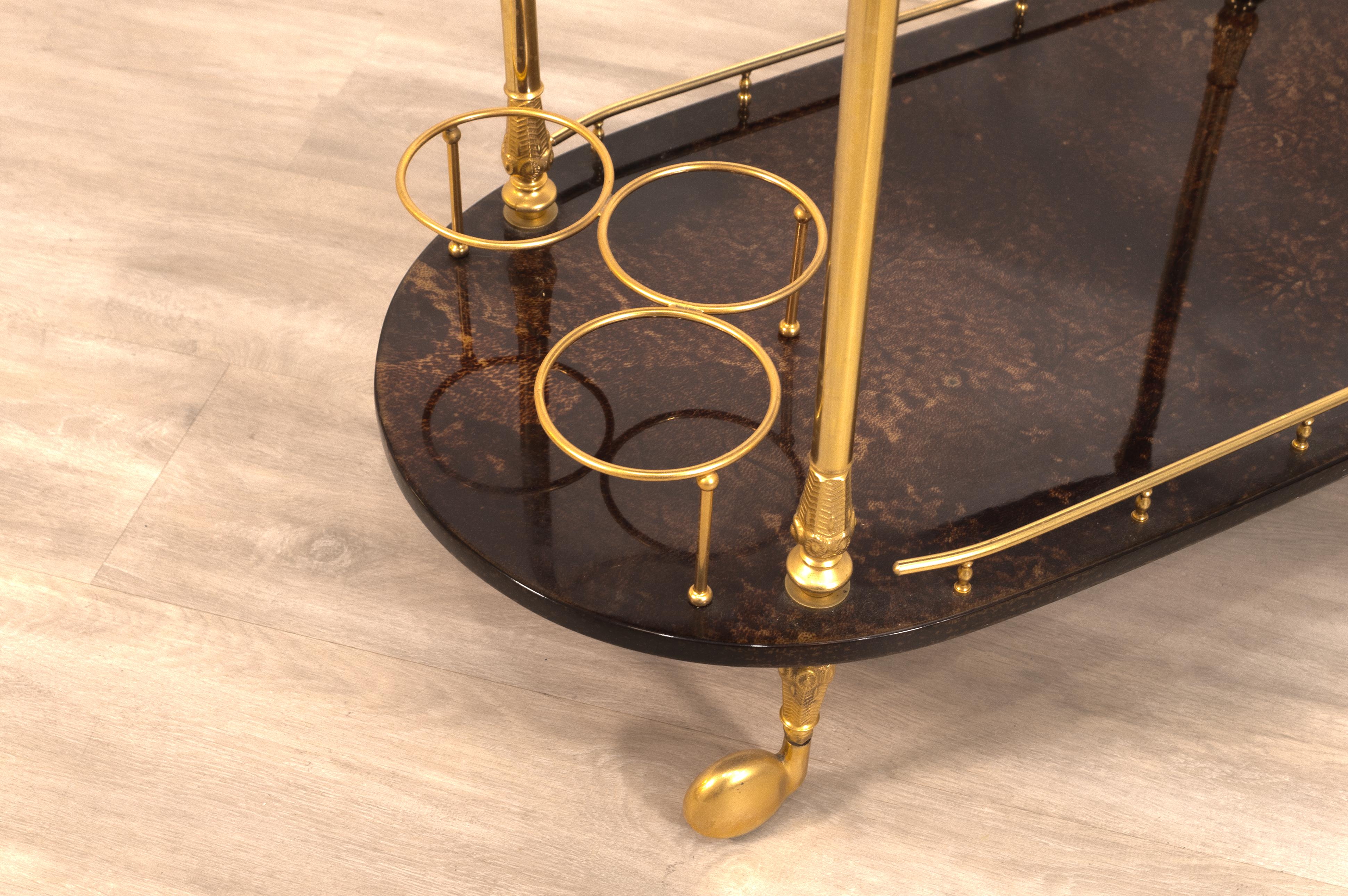Aldo Tura Goatskin Parchment & Brass Mid Century Modern 1960s Italian Bar Cart 1