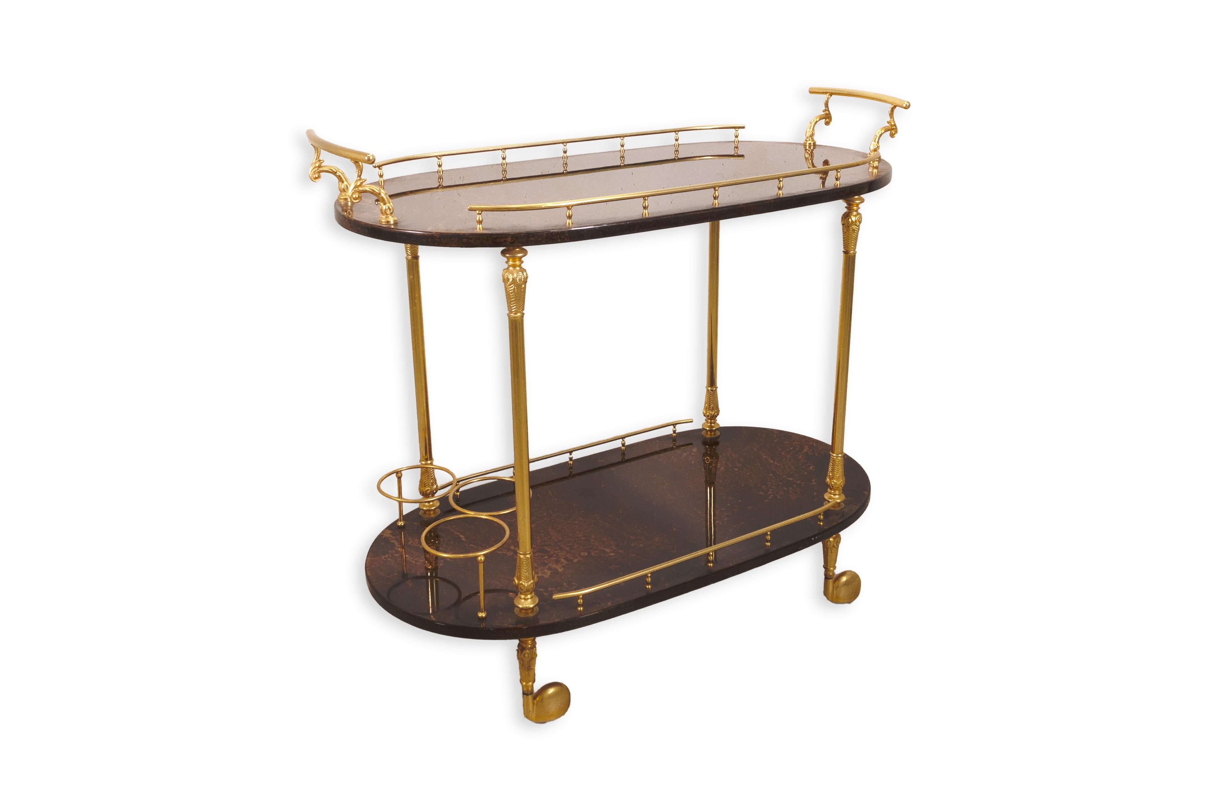 Aldo Tura Goatskin Parchment & Brass Mid Century Modern 1960s Italian Bar Cart 3
