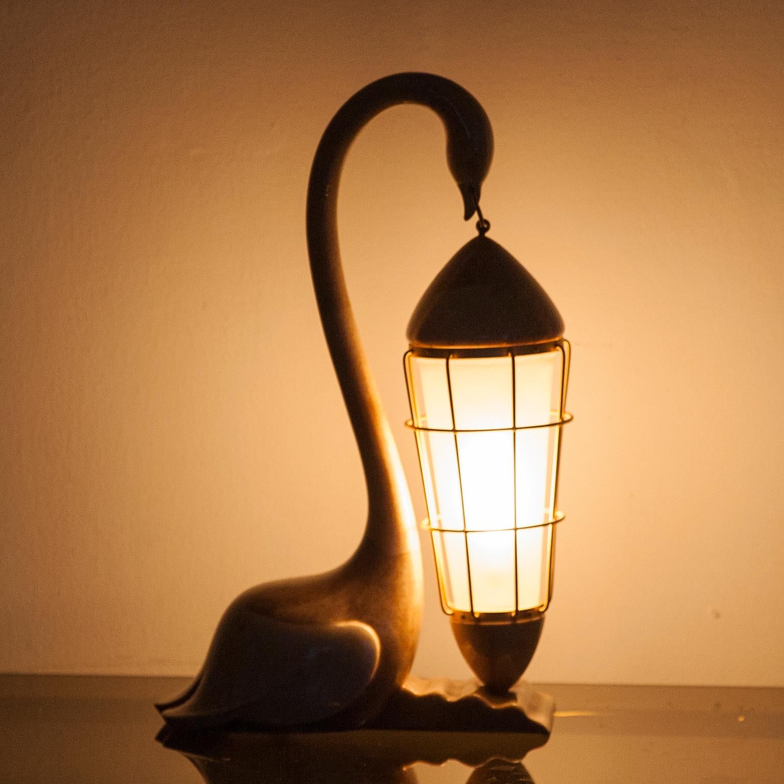 Brass Aldo Tura Goatskin Swan Table Lamp, Italy, 1960