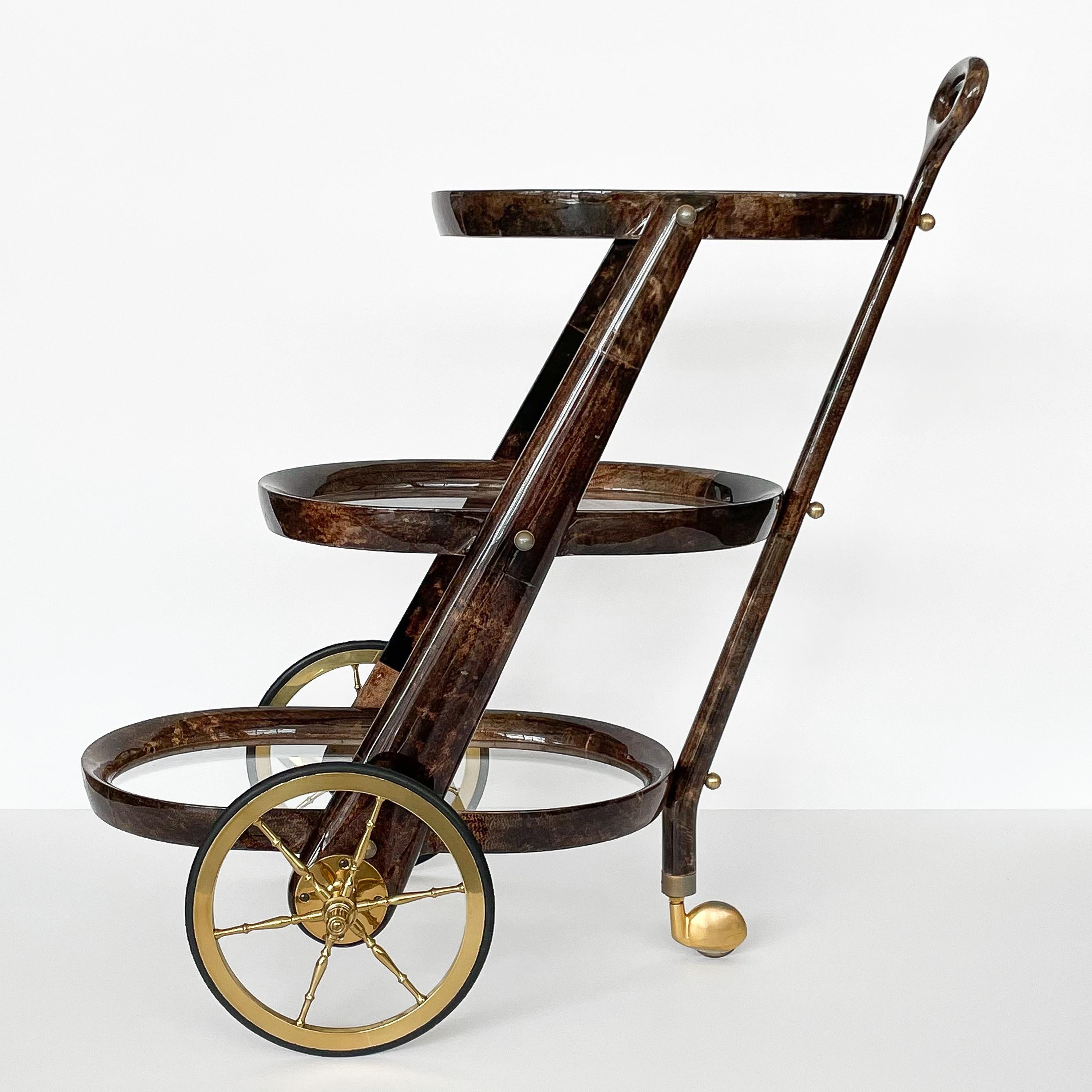 Mid-Century Modern Aldo Tura Goatskin Three Tier Bar Cart Trolley