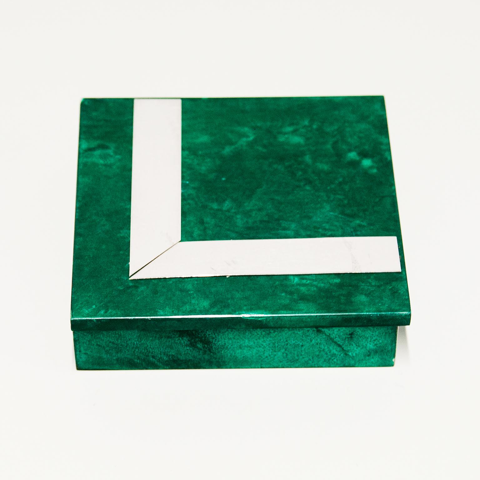 Mid-Century Modern Aldo Tura Green Goatskin Chrome Box For Sale