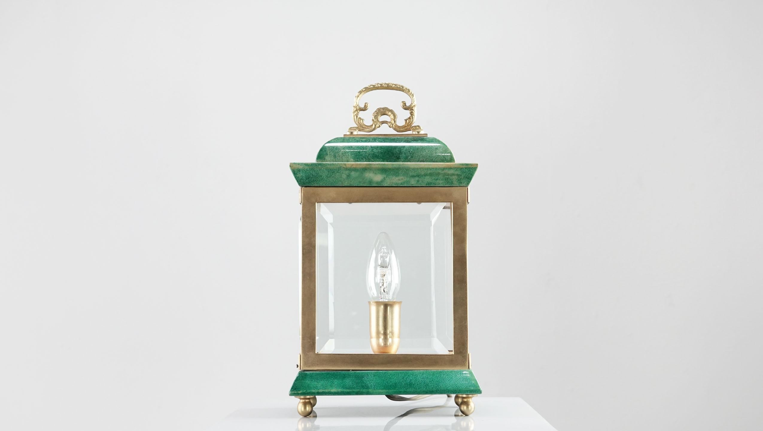 Mid-Century Modern Aldo Tura Green Goatskin Lantern Table Lamp Milan Italy