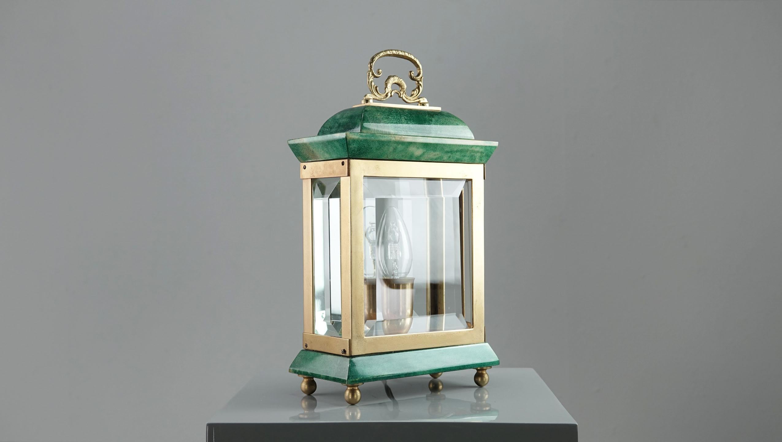 Italian Aldo Tura Green Goatskin Lantern Table Lamp Milan Italy