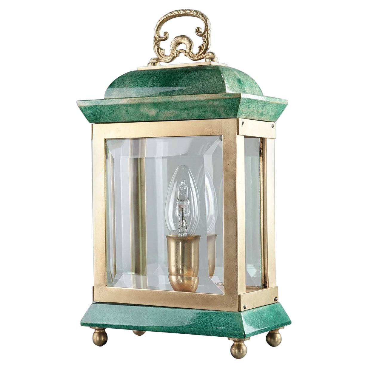 Aldo Tura Green Goatskin Lantern Table Lamp Milan Italy