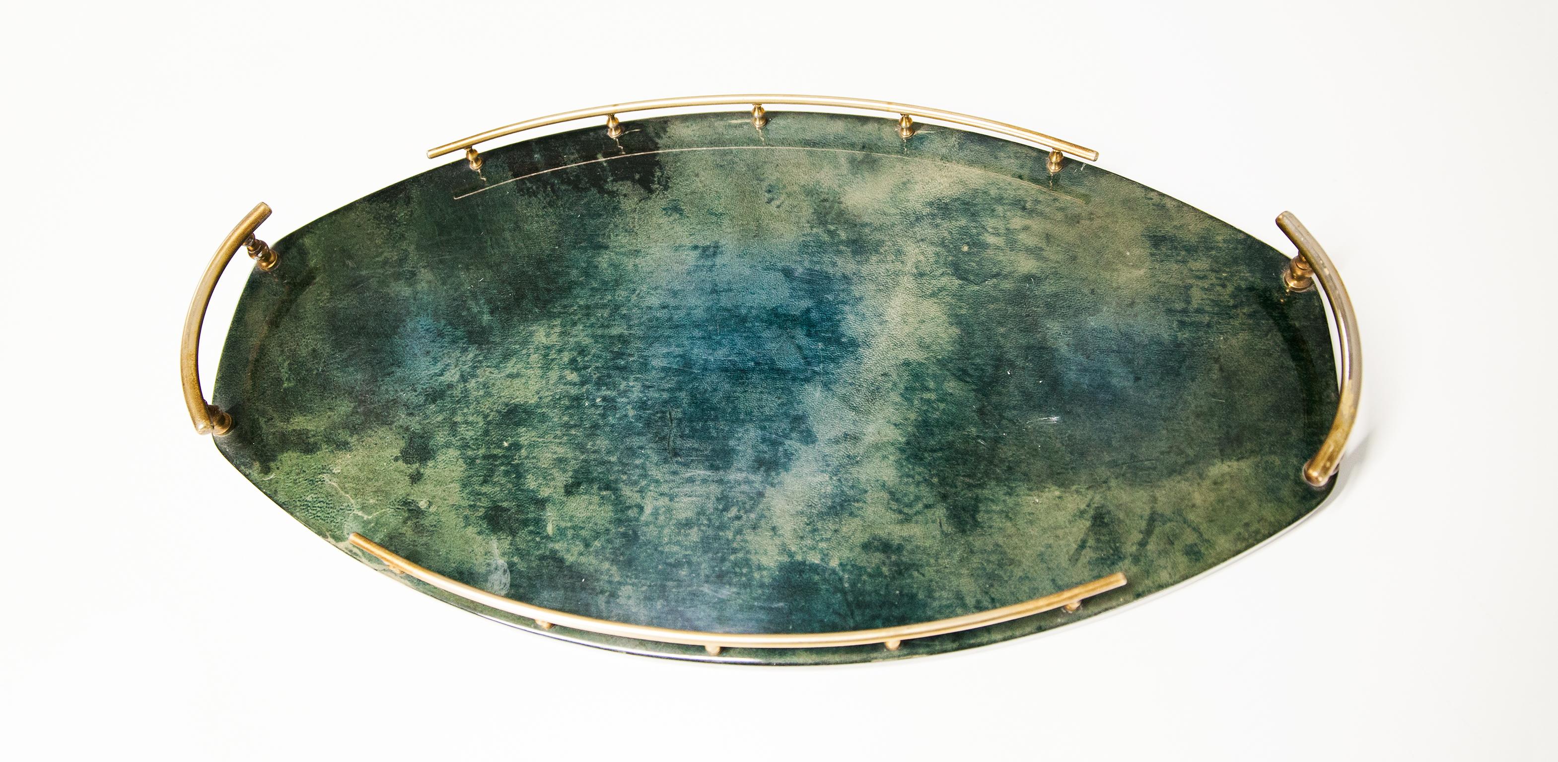 Aldo Tura Green Goatskin Tray Bar Set For Sale 3