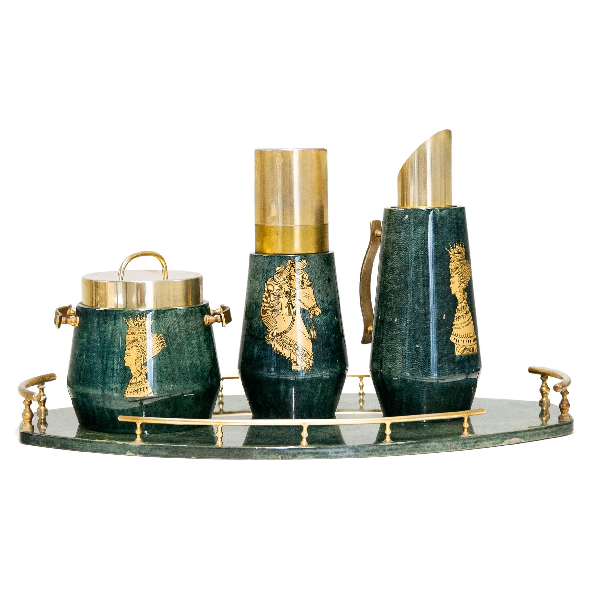 Aldo Tura Green Goatkin Tray Bar Set