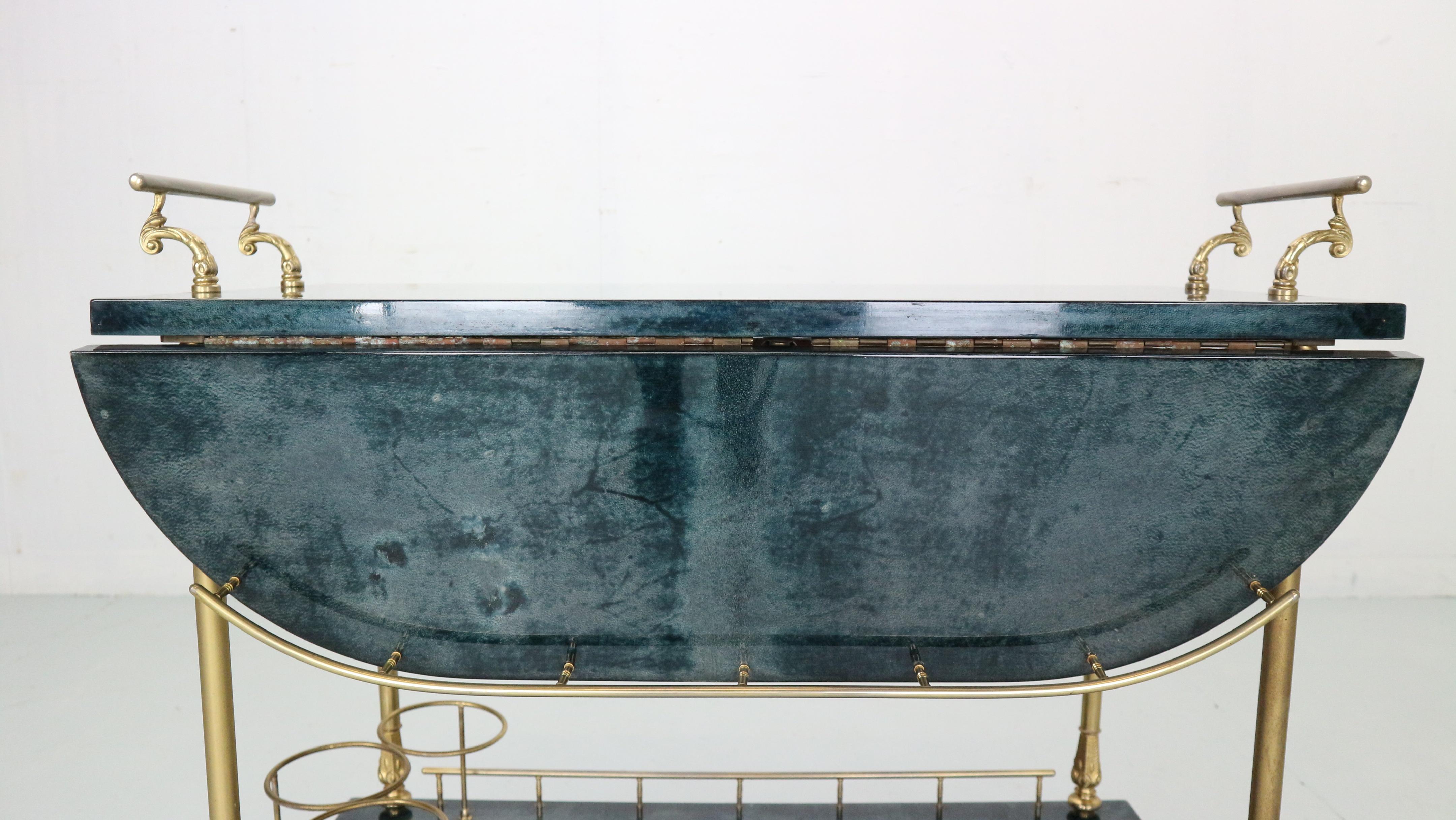 Aldo Tura Green Lacquered Goat Skin & Brass Bar Cart, 1950's, Italy 4